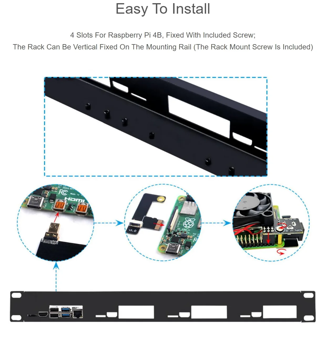 Kit rack 1U compatibile con scheda Raspberry Pi 4B Montaggio a rack da 19 ″ Supporta fino a 4 unità Ottimizzazione dello spazio di lavoro
