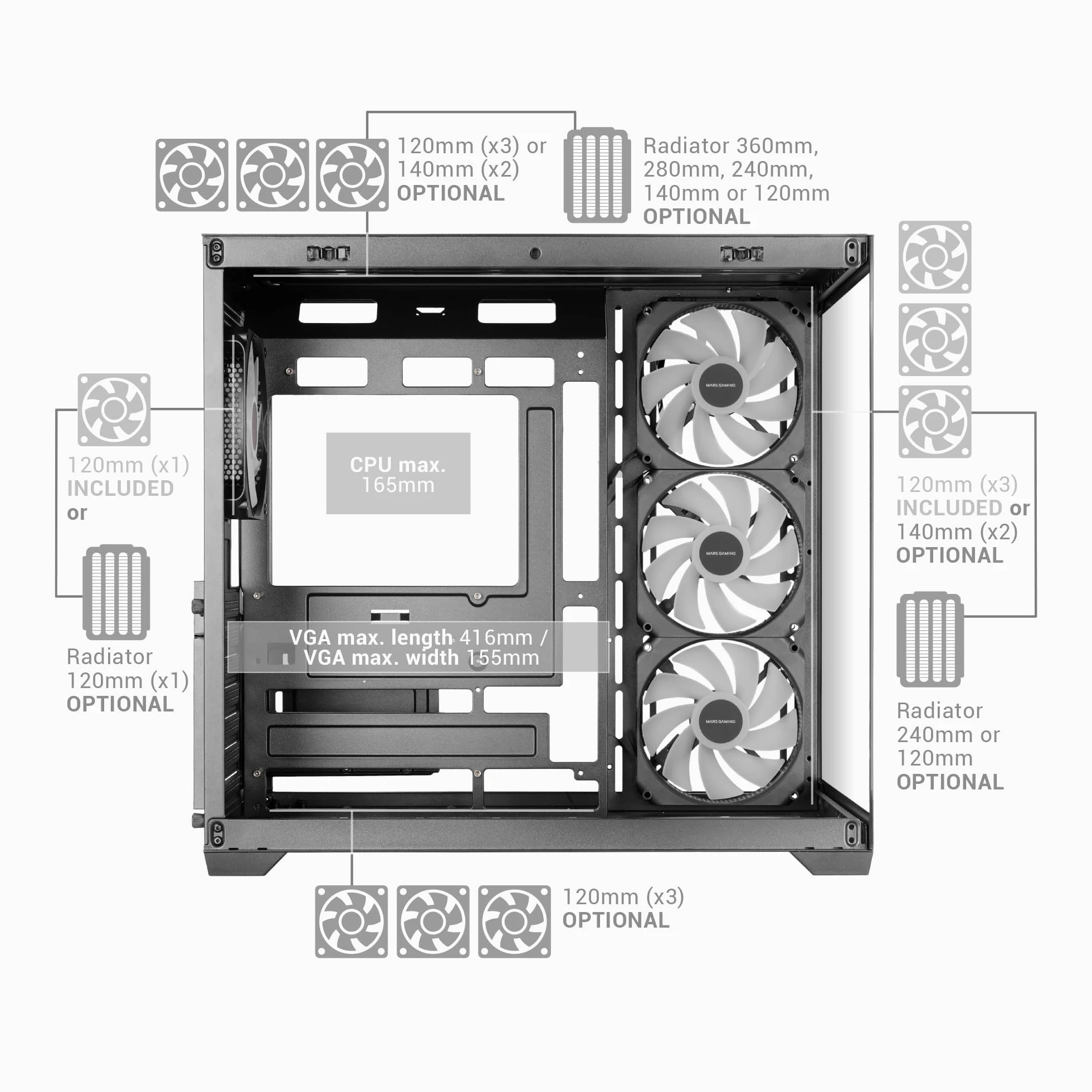 Mars Gaming MCV5, Case PC ATX, Vetro Temperato Panoramico, 4x Ventole ARGB 120mm, 7 Slot PCI Orizzontali + 2 Slot PCI Verticali, Compatibile con Schede Madri a Connettore Inverso, USB-C, Bianco