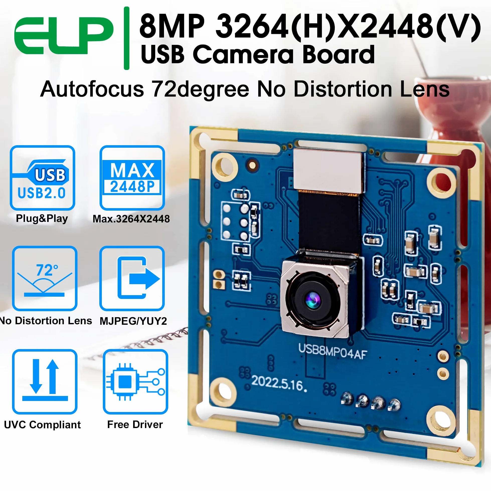 ELP Telecamera USB da 8 MP - Autofocus 4K PC e Raspberry Pi Mini UVC USB2.0 Scheda Webcam IMX179 Fotocamera Industriale Lightburn per Laptop
