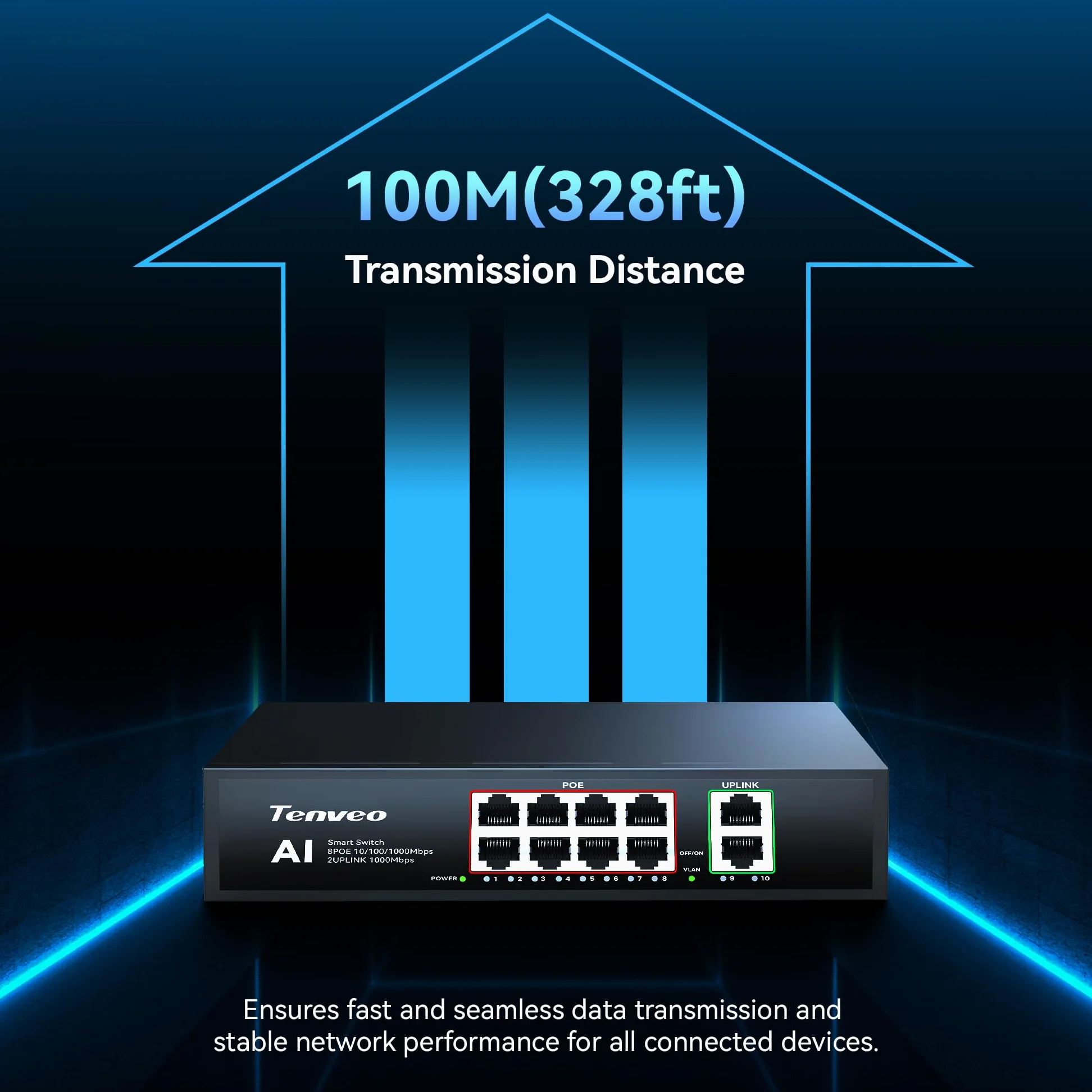 Tenveo Switch PoE 8 Porte Full Gigabit, 8 Porte PoE+ @120W, 2 Porte Uplink, Plug & Play, Supporto VLAN, Alimentazione 802.3af/at 120W, Switch di Rete Professionale AI Smart per Live Streaming