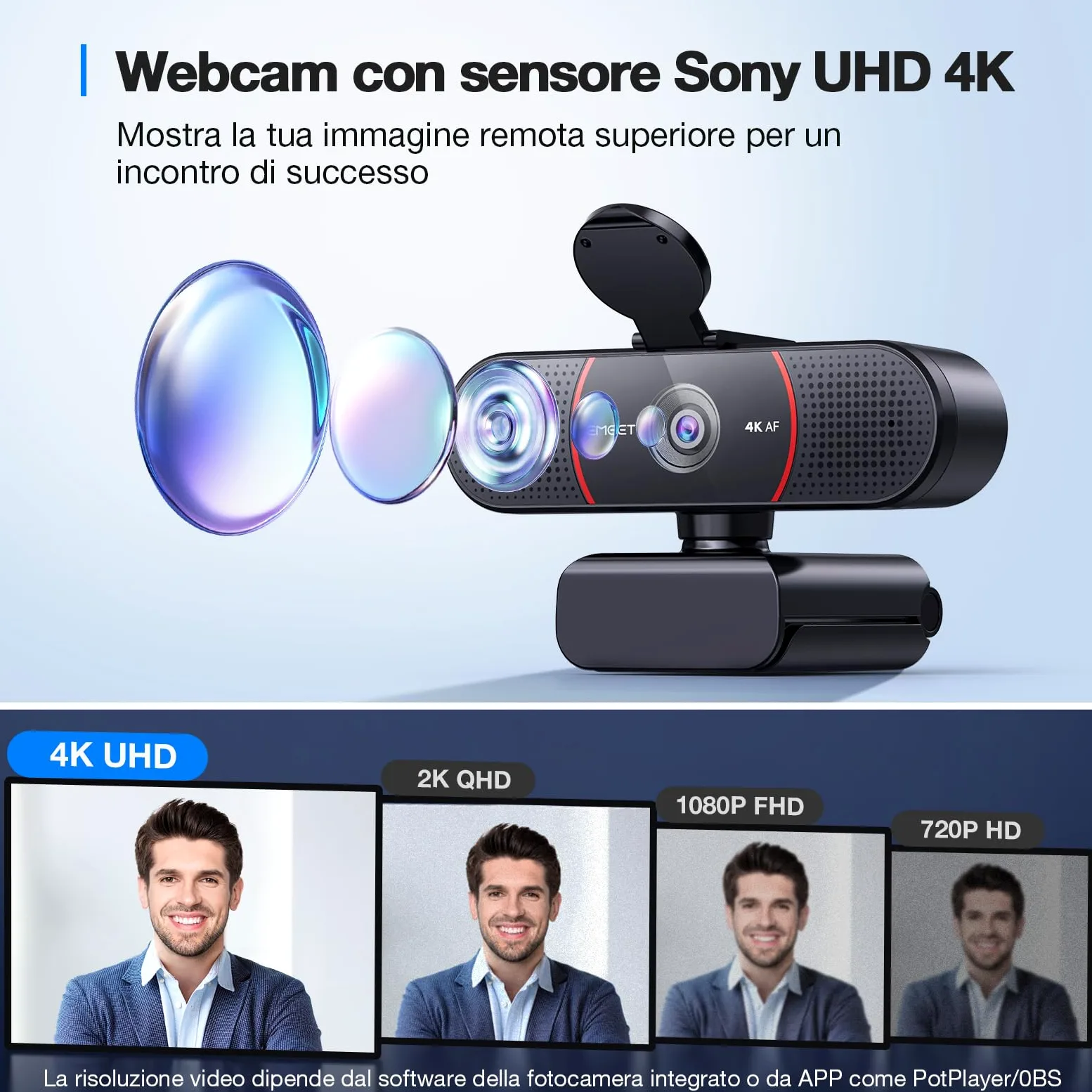 EMEET Webcam 4K per PC, Webcam C960 4K UHD con Copriobiettivo e Doppio Microfono, Videocamera per Streaming a 73° con Correzione Automatica Della luce, Plug & Play, Web cam USB ideale per Zoom