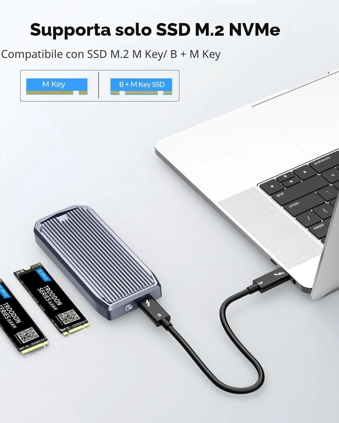 ORICO Case SSD M.2 NVMe 40Gbps fino a 3700MB/s, case in alluminio per SSD NVMe PCIe M-Key 2280/2260/2242/2230, compatibile con USB4/Thunderbolt 3/4 USB3.2/3.1/3.0/Type-C - M2V01