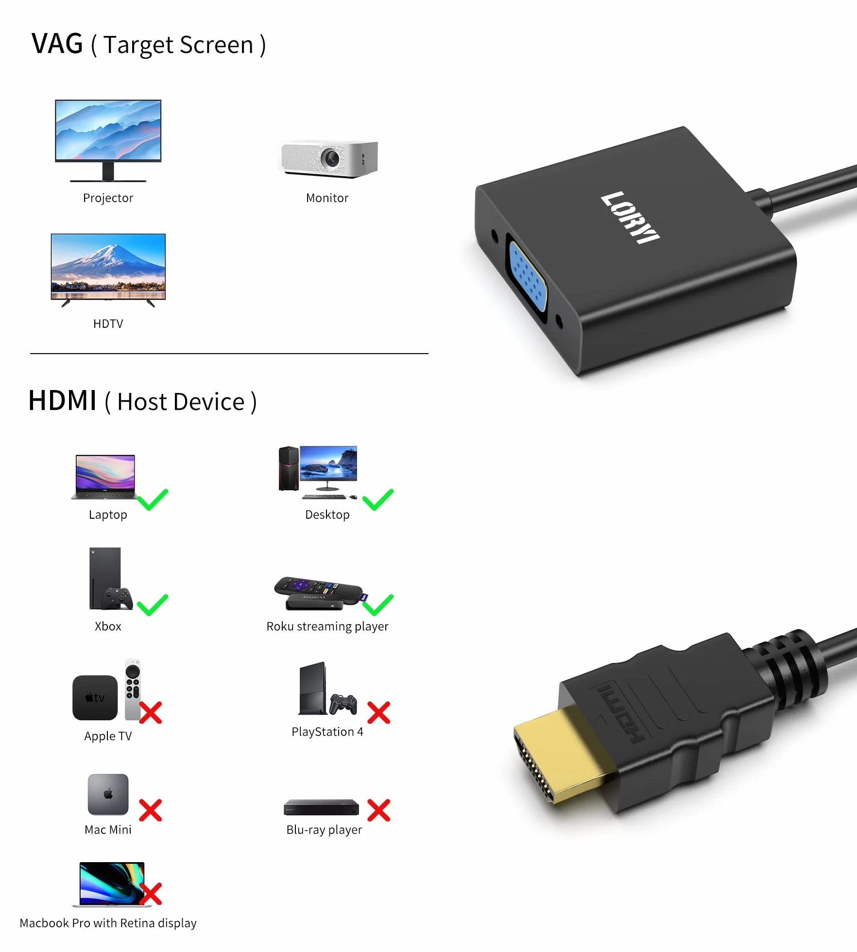 Adattatore HDMI a VGA, adattatore HDMI maschio a VGA femmina 1080P@60Hz, compatibile per computer, desktop, laptop, PC, monitor, proiettore, HDTV, Chromebook