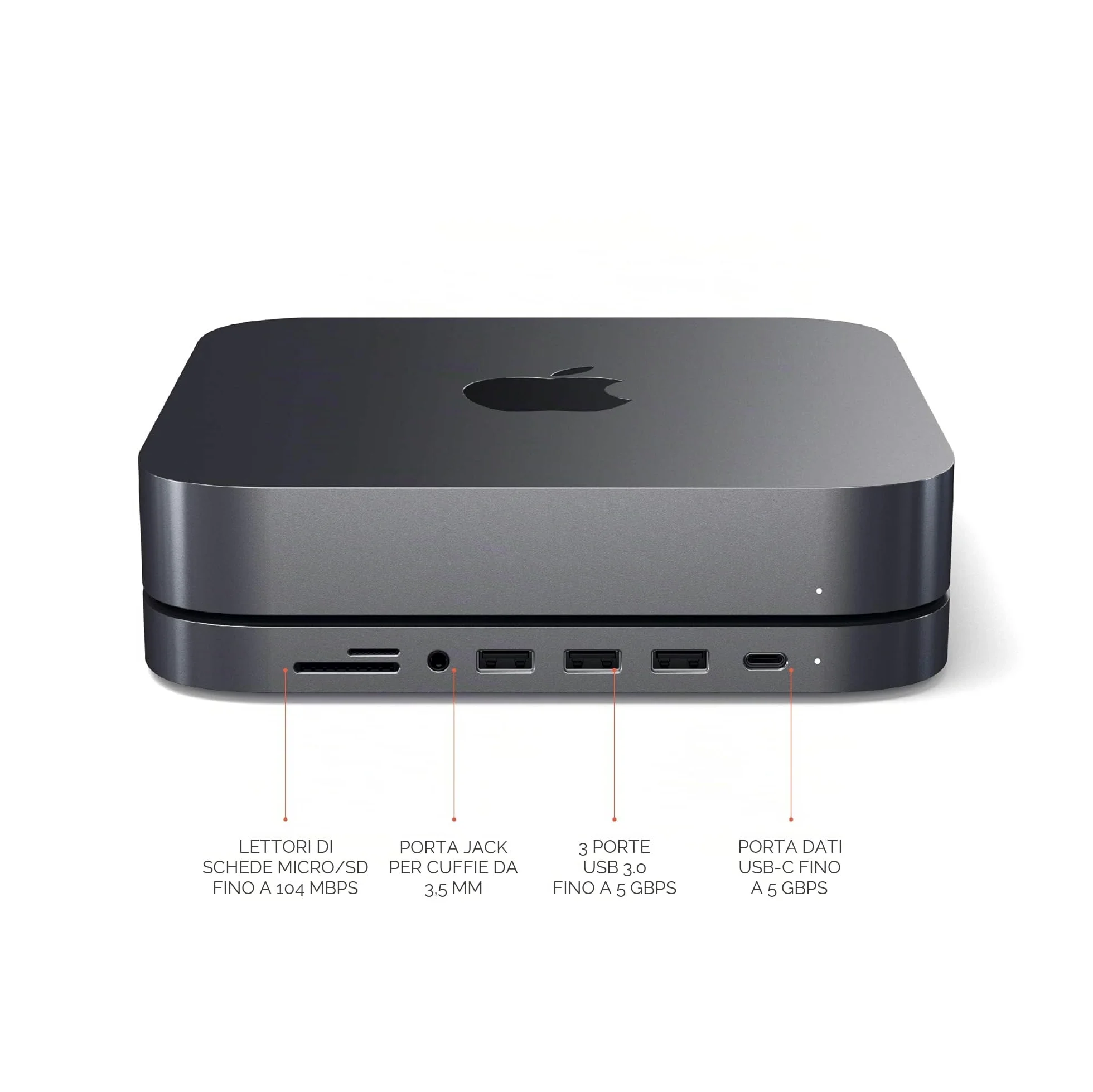 SATECHI Hub USB C e Supporto 7 in 1 per Mac Mini M2/M1 con 3x Porte USB-A e 1x USB-C a 5 Gbps, Lettori Micro/SD, USB 3.0 e Porta Audio 3,5 mm (Non Compatibile con Mac Mini M4) Grigio Siderale