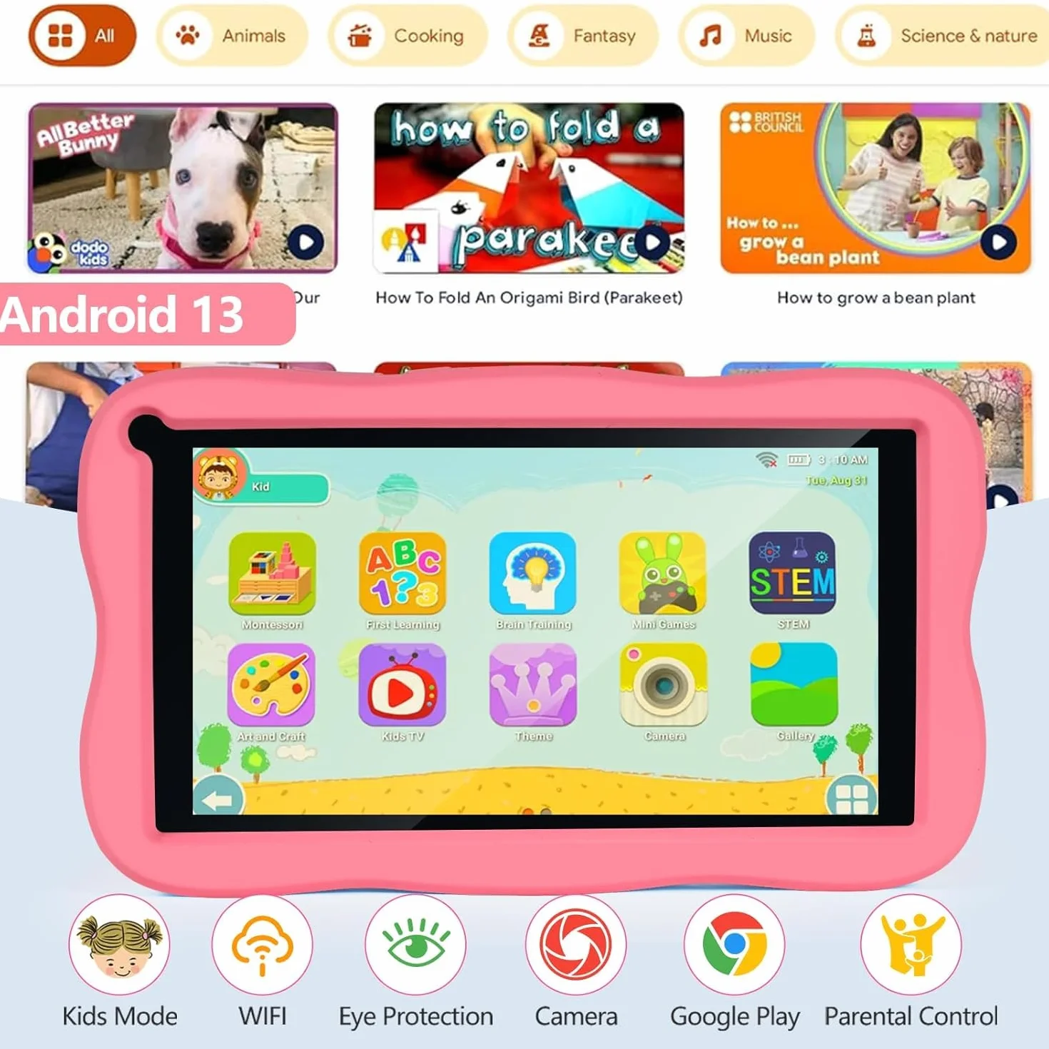 SUMTAB Tablet Bambini 7 Pollici con Controllo Parentale, Android 13 Tablette, 8 GB RAM 64GB ROM (256 GB Estensione) Bluetooth, WiFi,Tablet per Bambini con Custodia(Rosa)