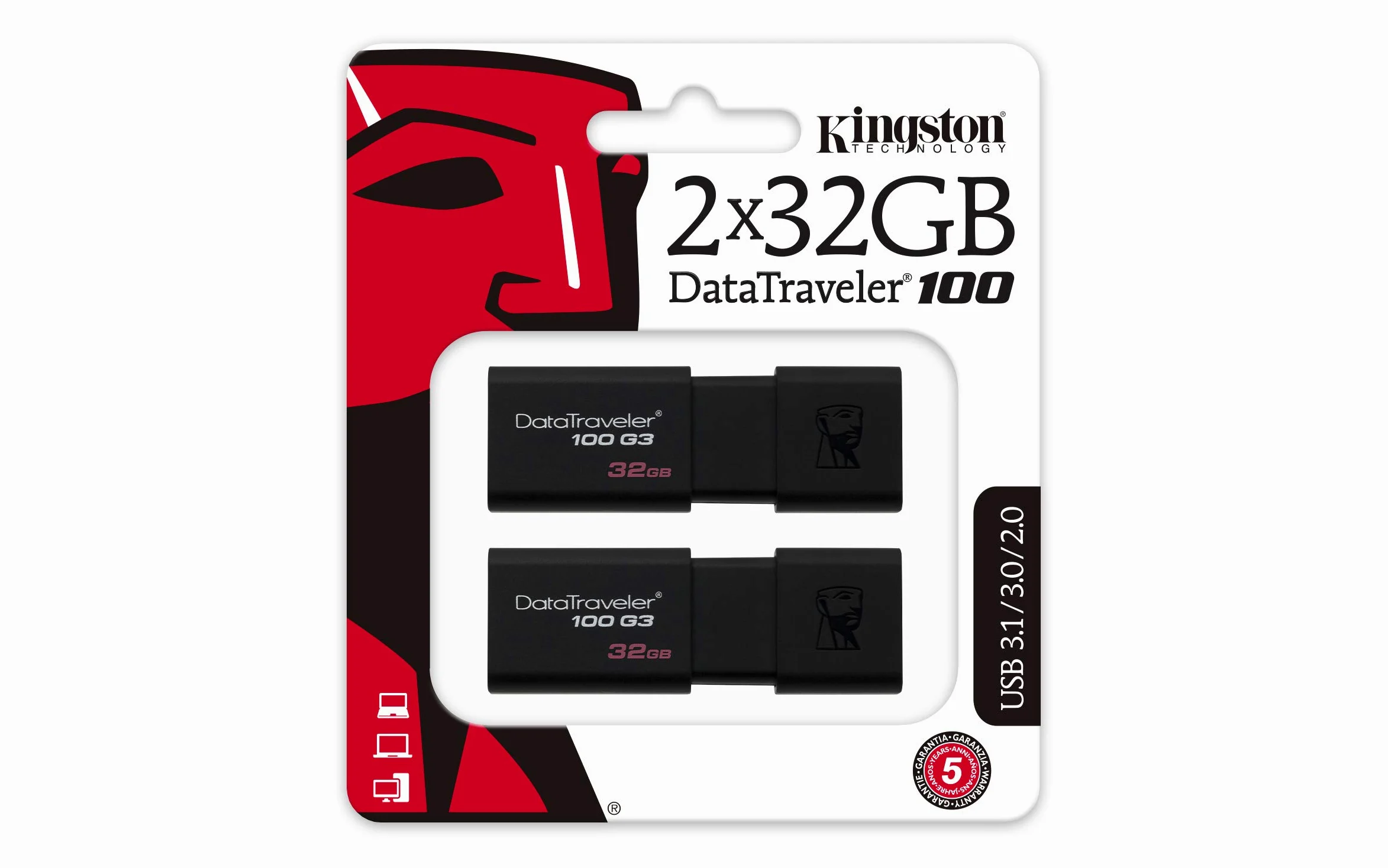Kingston DT100G3/32GB-2P DataTraveler 100 G3 USB 3.0 Chiavetta USB 3.0, 32 GB, Nero, Confezione da 2