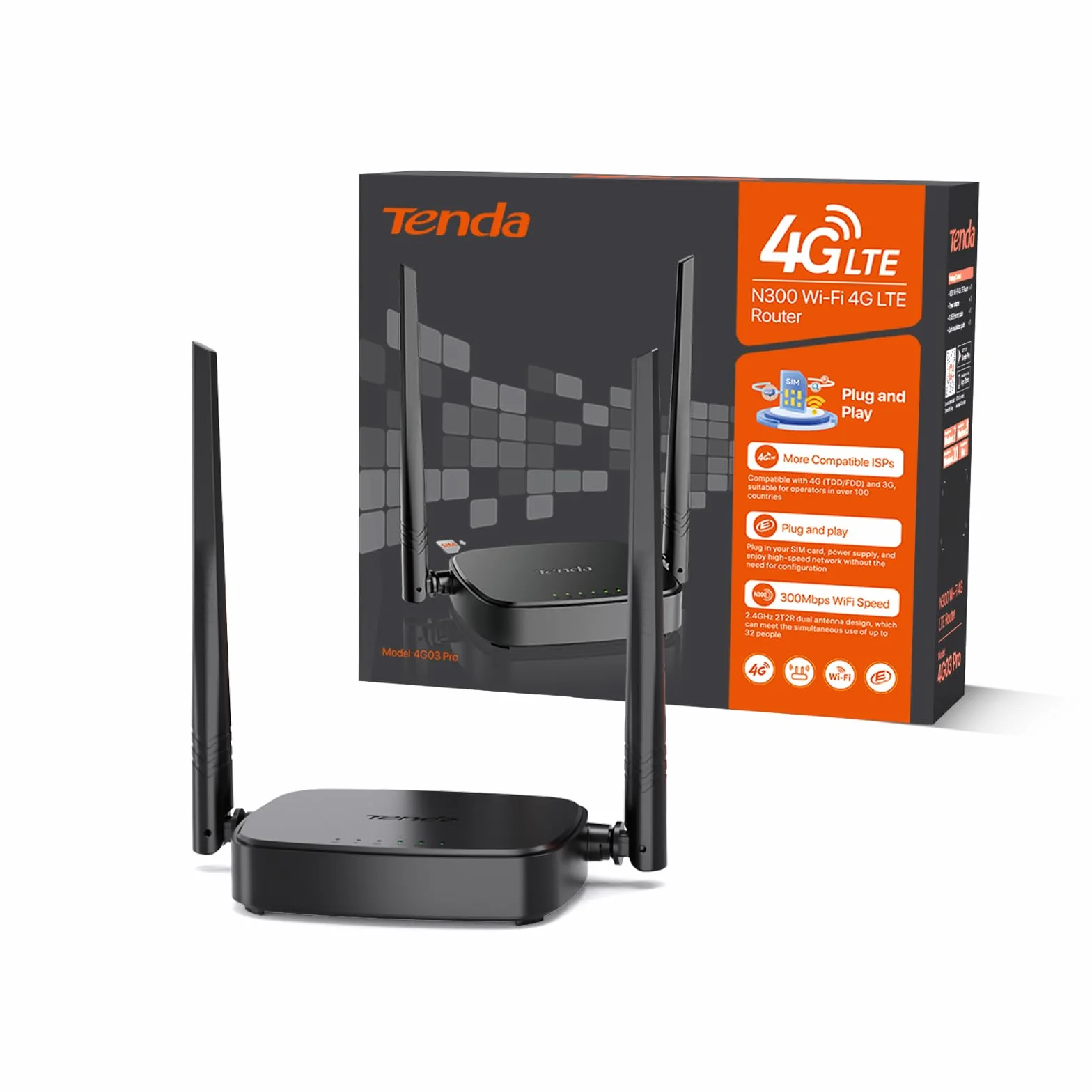 Tenda 4G03 Pro - Router WiFi con SIM, Router LTE CAT4, Velocità WiFi fino a 300 Mbps, Due Antenne Esterne, Plug&Play, Porta Ethernet LAN/WAN, Ricarica con Power Bank, Compatibile con Diversi Operatori
