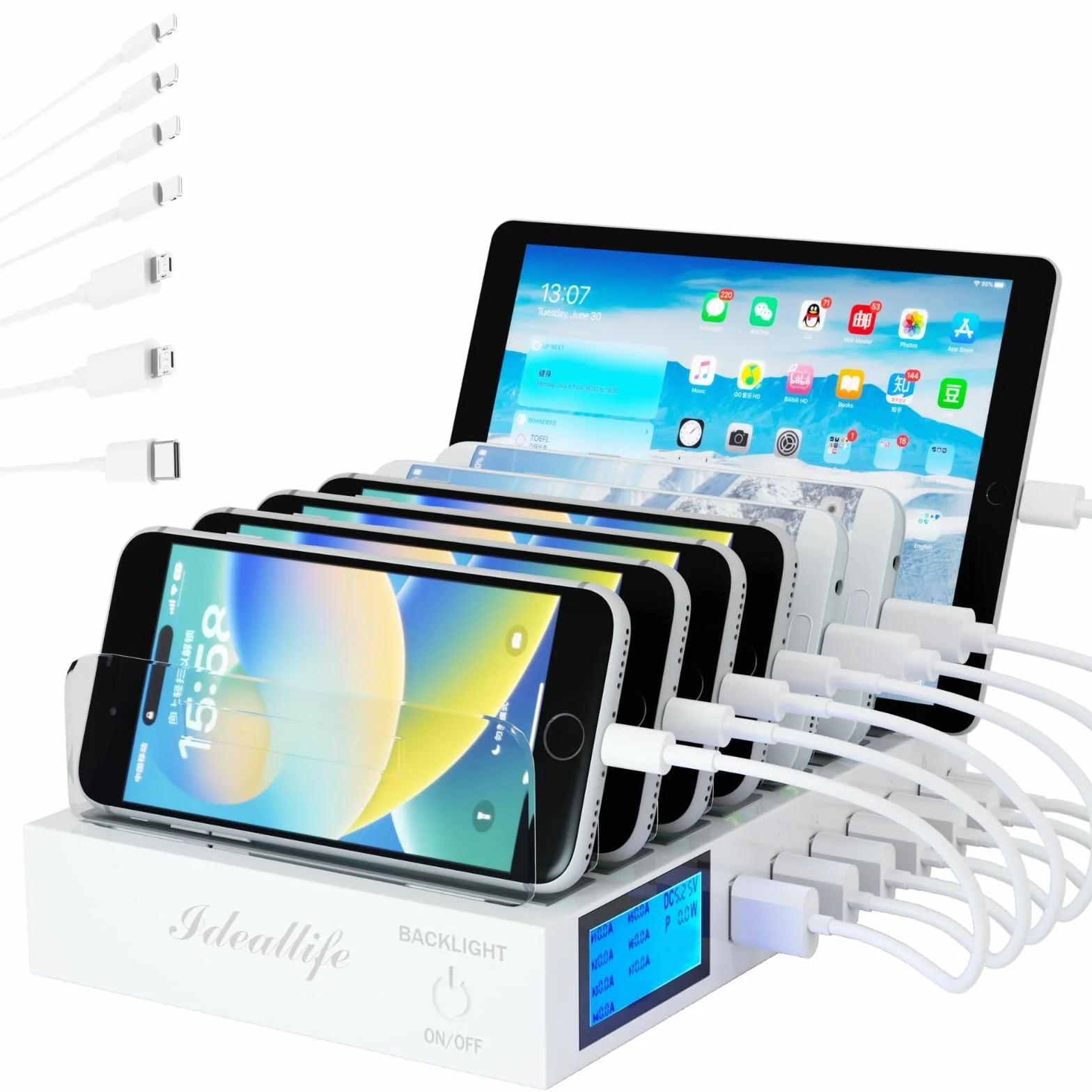 Stazione di Ricarica USB a 7 Porte Caricatore con 7 Cavi per iPhone iPad Tablet