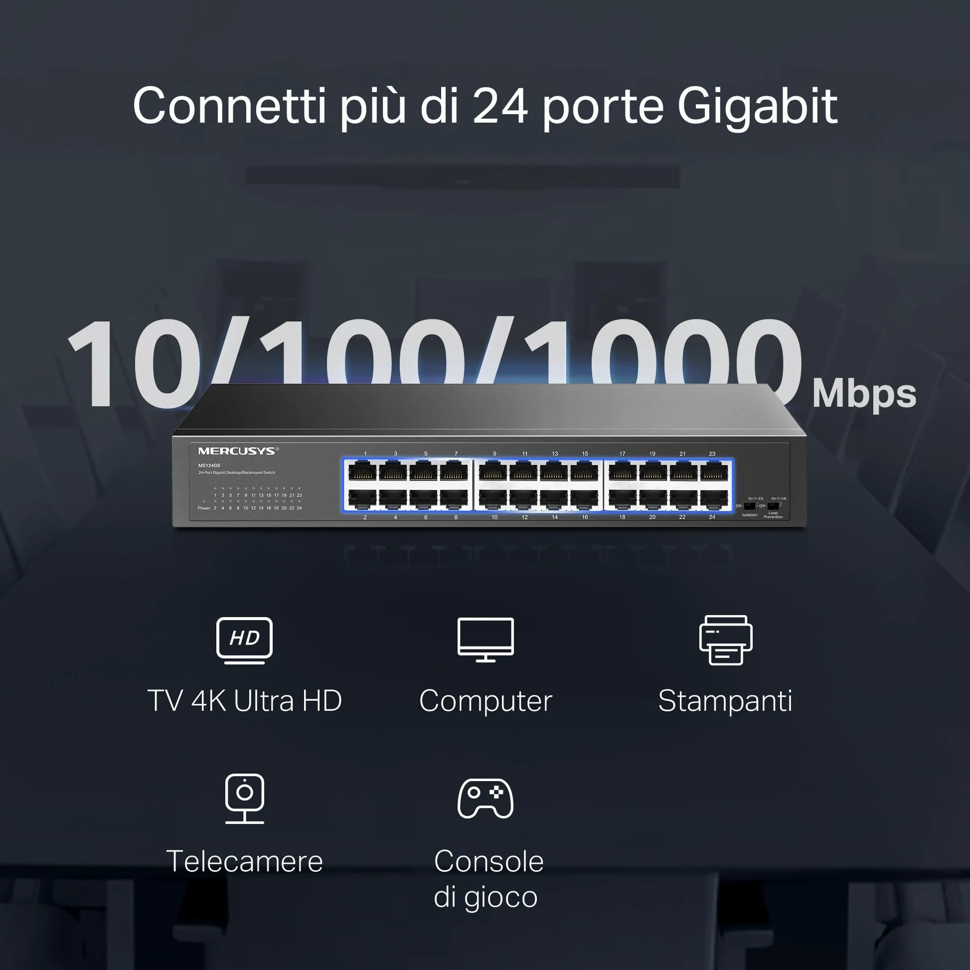Mercusys TP-Link MS124GS Switch Gigabit 24 Porte, Montaggio Desktop o Rack, Plug & Play, Priorità del Traffico, Prevenzione Loop, Modalità di Isolamento, Funzionamento Silenzioso, Case in Metallo