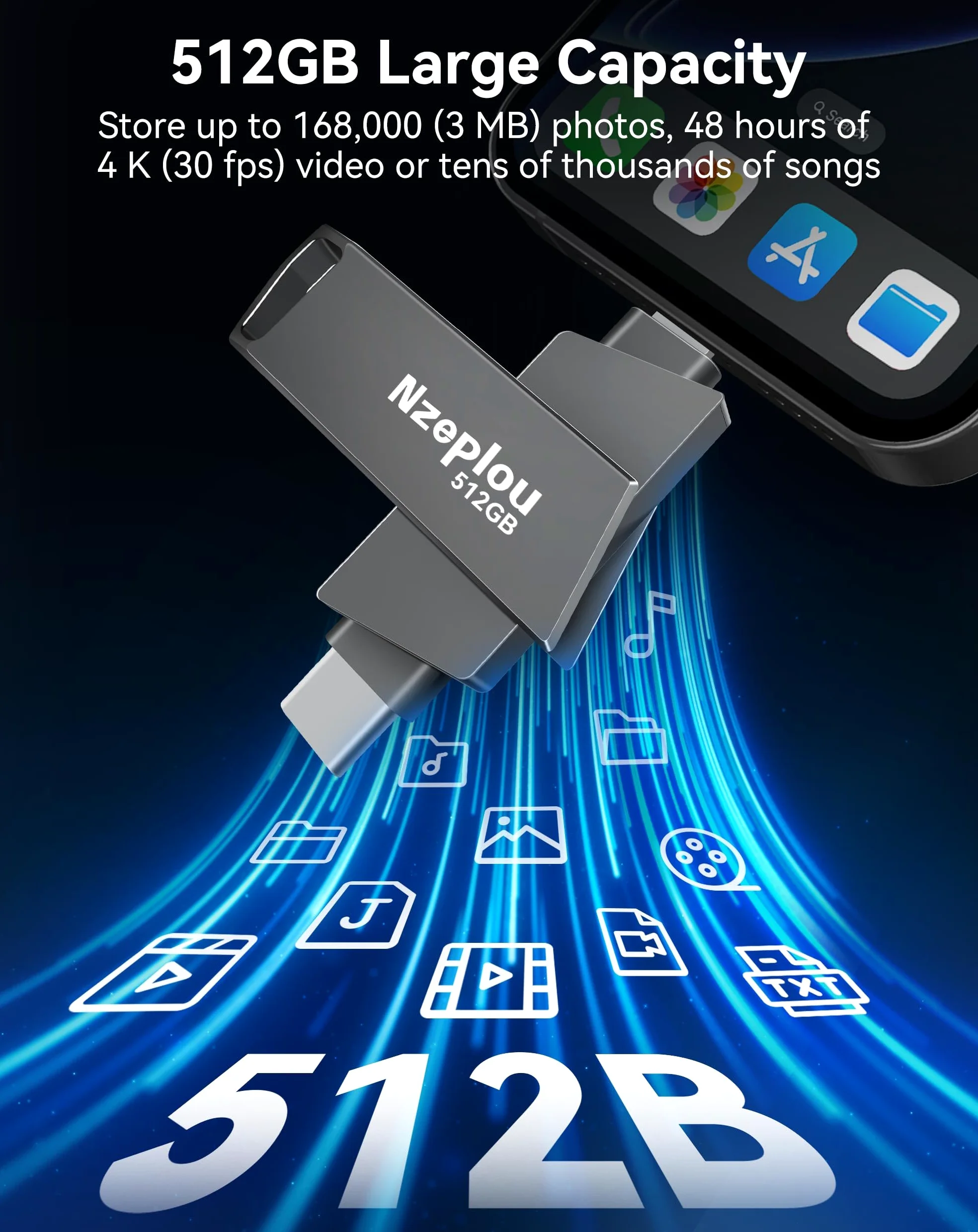 Chiavetta USB 3.0 ad alta velocità per iPhone, iPad, non necessita di app, Lightening & USB-C, memoria esterna per foto, video, backup immagini, plug & play, 512 GB, grigio siderale