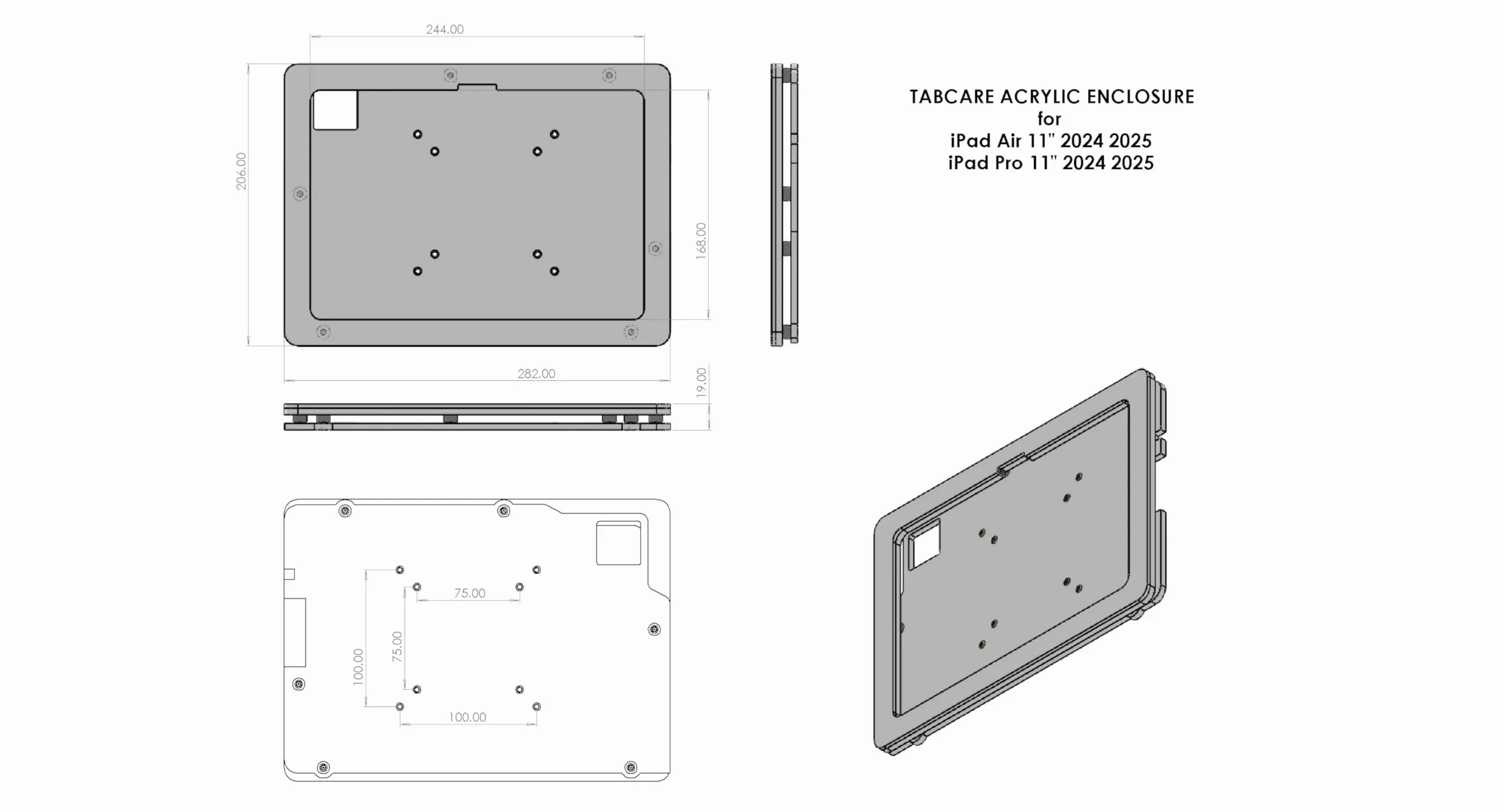 Enclosure VESA antifurto in acrilico per Apple iPad Pro 11" 2024 (5a generazione) con kit di montaggio a parete gratuito e cavo USB C ad angolo di 90 gradi (iPad Pro 11 2024, nero)
