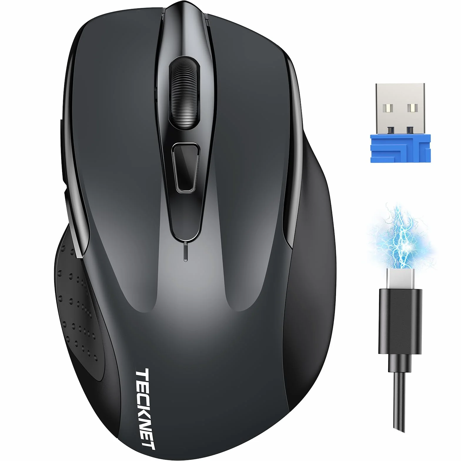 TECKNET Mouse Wireless Ricaricabile, Silenzioso Mouse Senza Fili, Riduzione Rumore Fino a 90%, 4800 DPI, 6 Pulsanti Mouse Ergonomico, 2.4G Mouse USB Compatibile con PC Portatile, Mac, Laptop