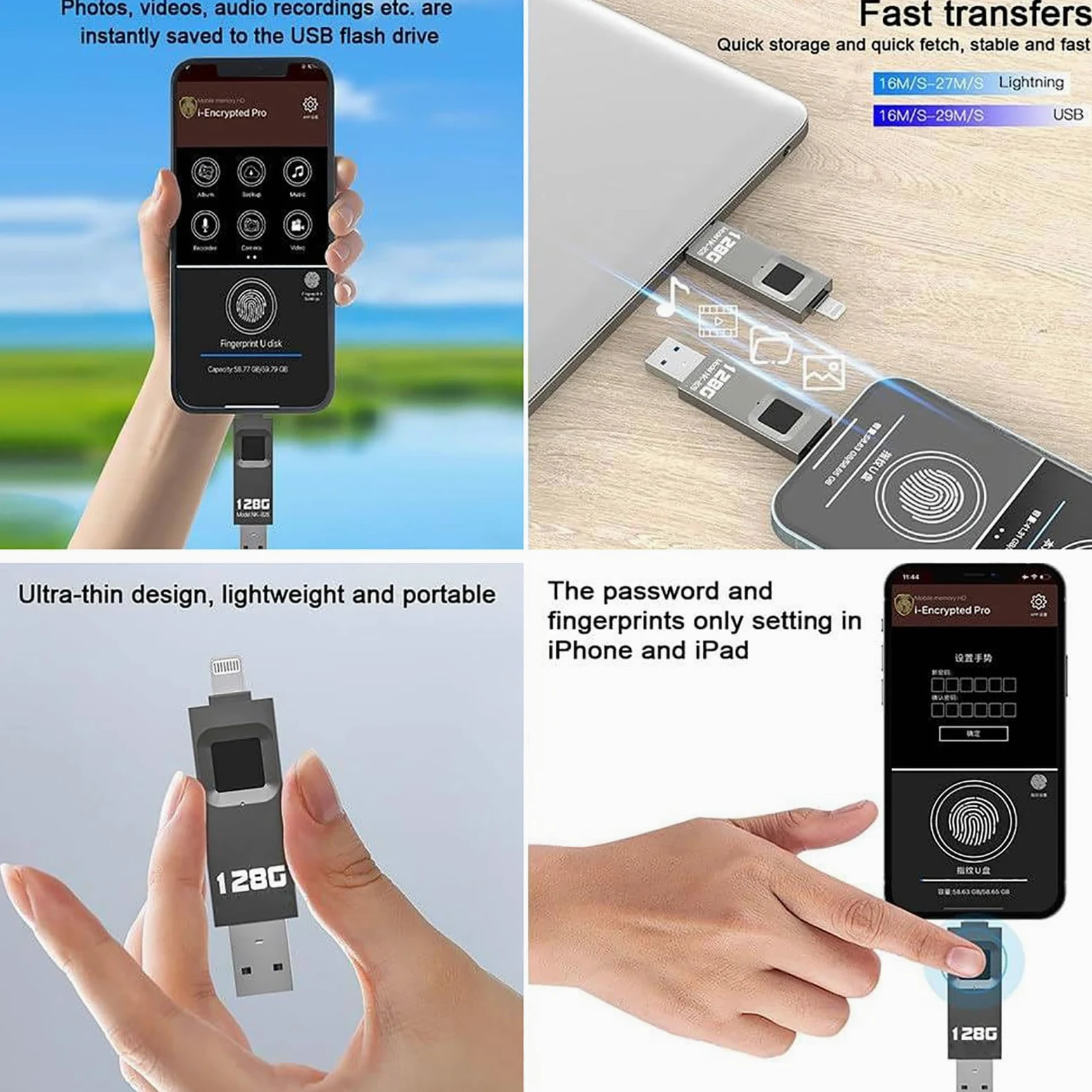 Chiavetta USB Da 64GB/128GB/256GB/512GB, Con Crittografia Tramite Impronta Digitale, Trasferimento Ad Altissima Velocità Di 29 Mb/S, Interfaccia Ligh-tning + USB, Supporta 60 Impronte Digitali 128GB