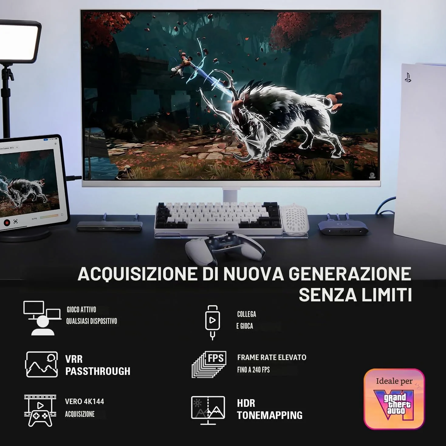 Elgato 4K X - Cattura 4K144 con Latenza Ultra-Bassa su PS5|Pro, Xbox Series X|S, Nintendo Switch 2, OBS e Altro, HDMI 2.1, VRR, HDR10, USB 3.2 Gen 2, per Streaming, Compatibile con PC|Mac|iPad | Password VRR, HDR10, acquisizione fino a 1080p240, USB 3.2 G