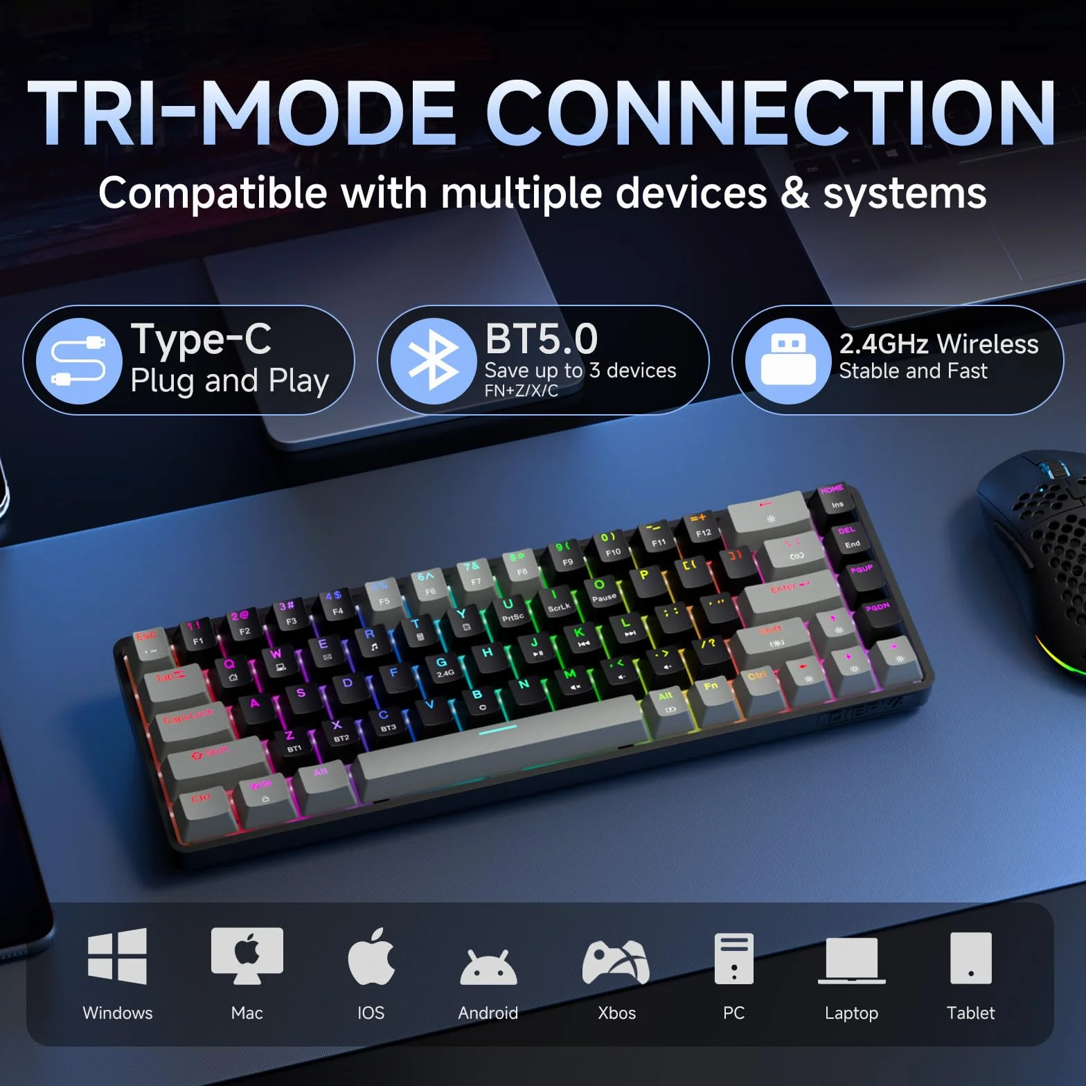 Dierya DK68 Tastiera Gaming Wireless,60% Tastiera Meccanica Bluetooth/2.4G/USB-C RGB,Interruttore Rosso,Double-Shot ABS Keycaps Compatibile con Win/Mac,Nero grigio-B(Layout US,QWERTY)