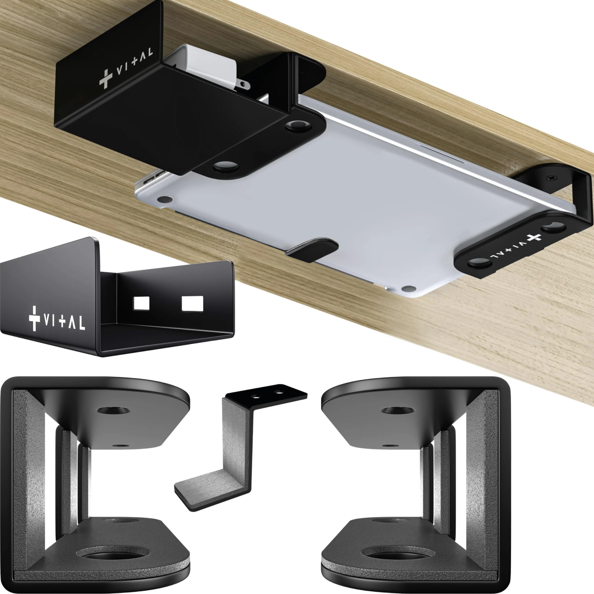 VI+AL Supporto da scrivania per computer portatile, ripiano nascosto in metallo con spazio laterale, si installa con nastro e viti, adatto a dispositivi fino a 4,3 cm di spessore, standard (senza