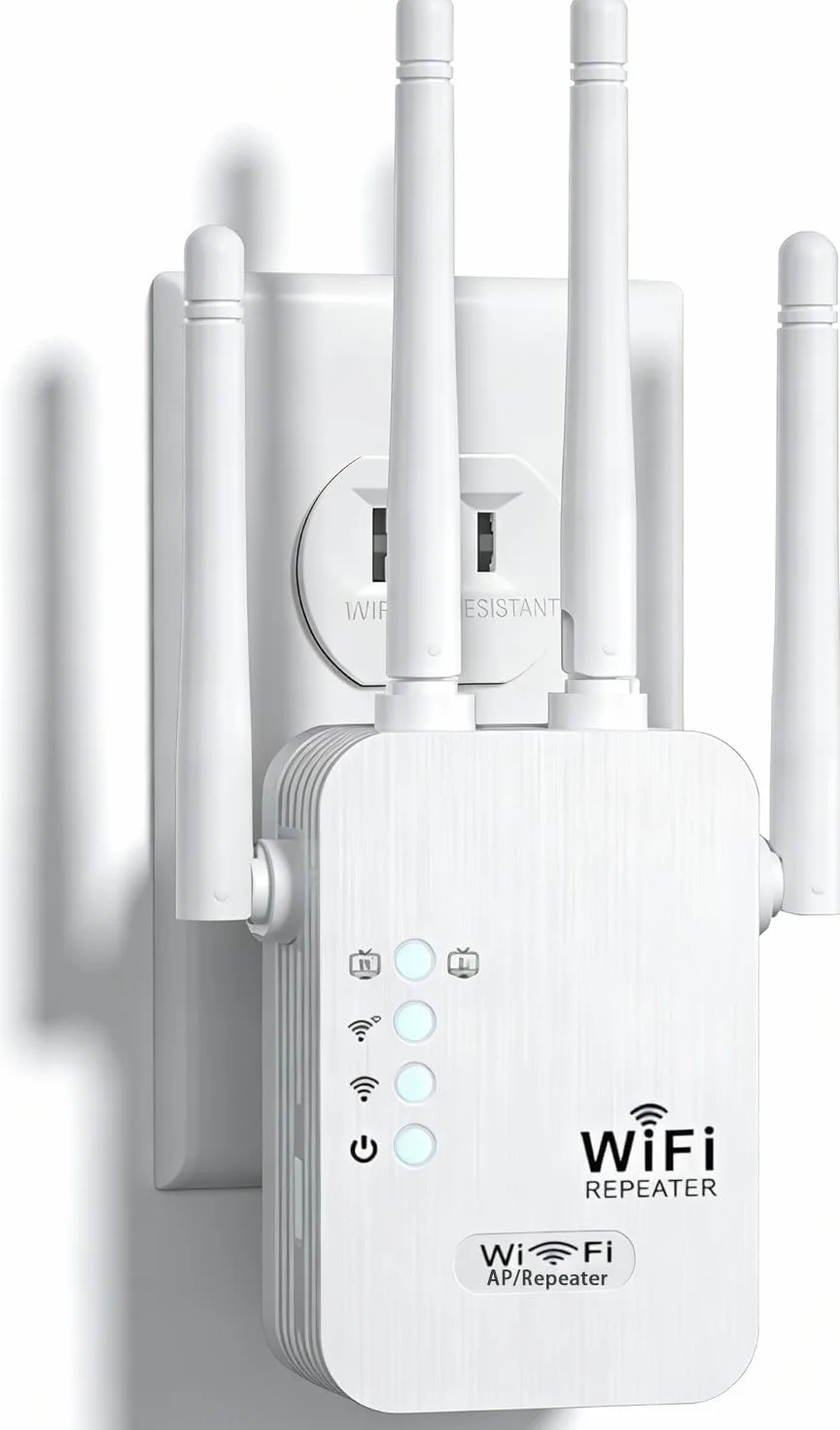 Ripetitore WiFi 1200 Mbps, 5GHz/2.4GHz Dual-Band Wireless Extender Potente, WiFi Amplificatore con 4 Antenne, Porta Gigabit Ethernet, WPS, Supporta 3 Modalità, Compatibile con Tutti i Box Internet