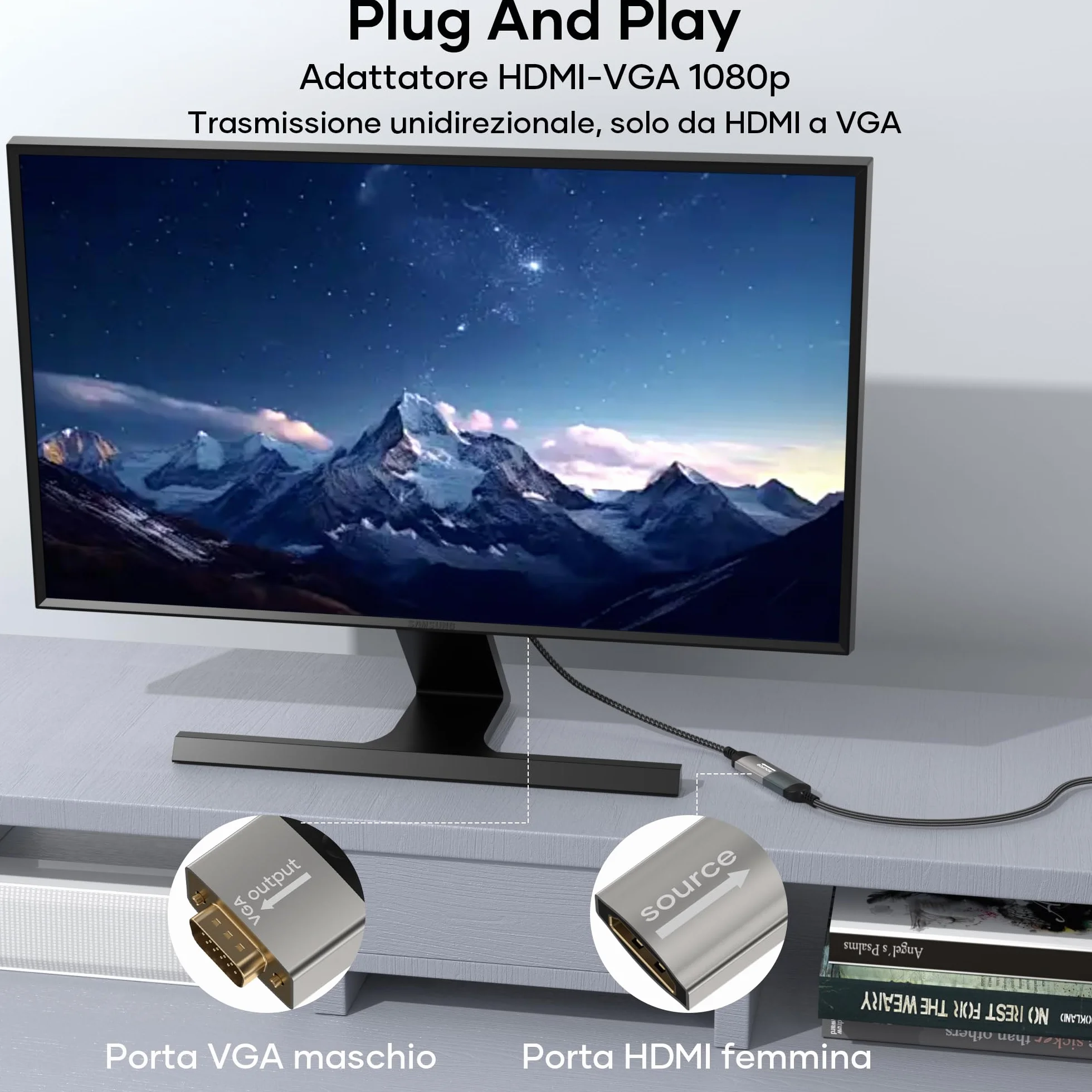 Adattatore HDMI a VGA,adattatore HDMI femmina a VGA maschio unidirezionale 1080p intrecciato in nylon per computer,monitor/TV vga per laptop,PC,chiavetta TV,HDTV,lettore DVD,monitor,proiettore