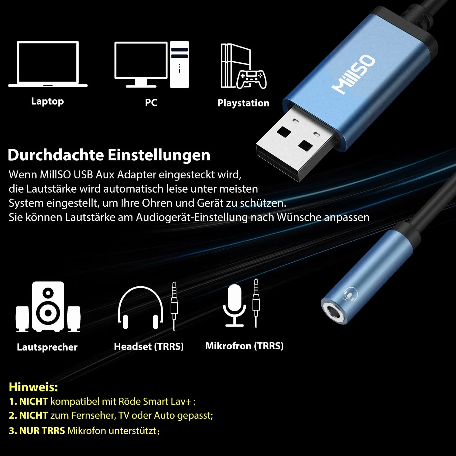 MillSO Adattatore jack da USB a 3,5 mm TRRS Aux femmina (audio e microfono) scheda audio esterna USB Audio Stereo Adattatore esterno per PS4 Laptop Computer Cuffie - 100 cm