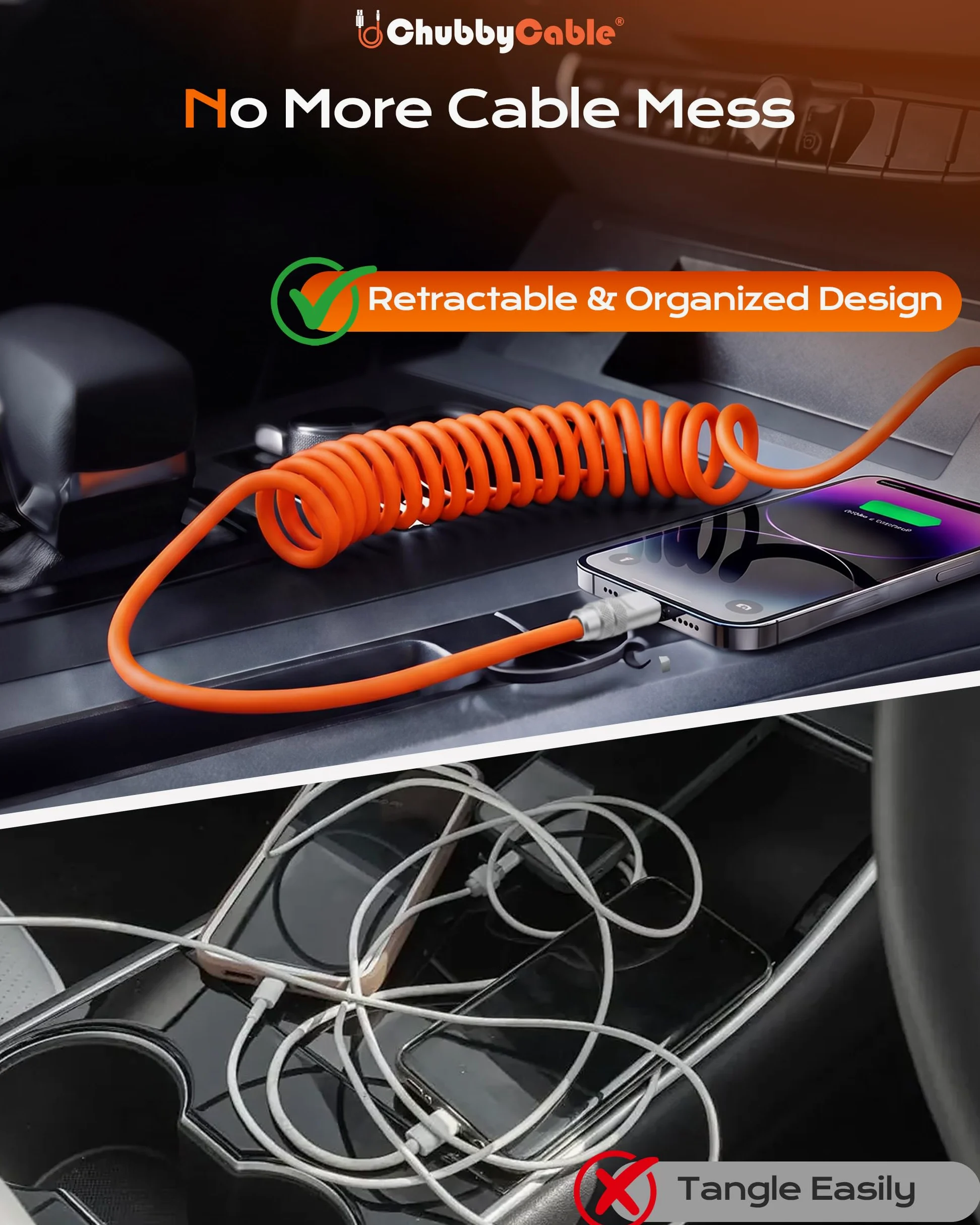 chubbycable Curly Chubby - Cavo USB C a spirale in silicone da 240 W, confezione da 2 [240H Sag-Free] Cavo di ricarica rapida a spirale per auto, cavo di ricarica retrattile per Android Auto e CarPlay