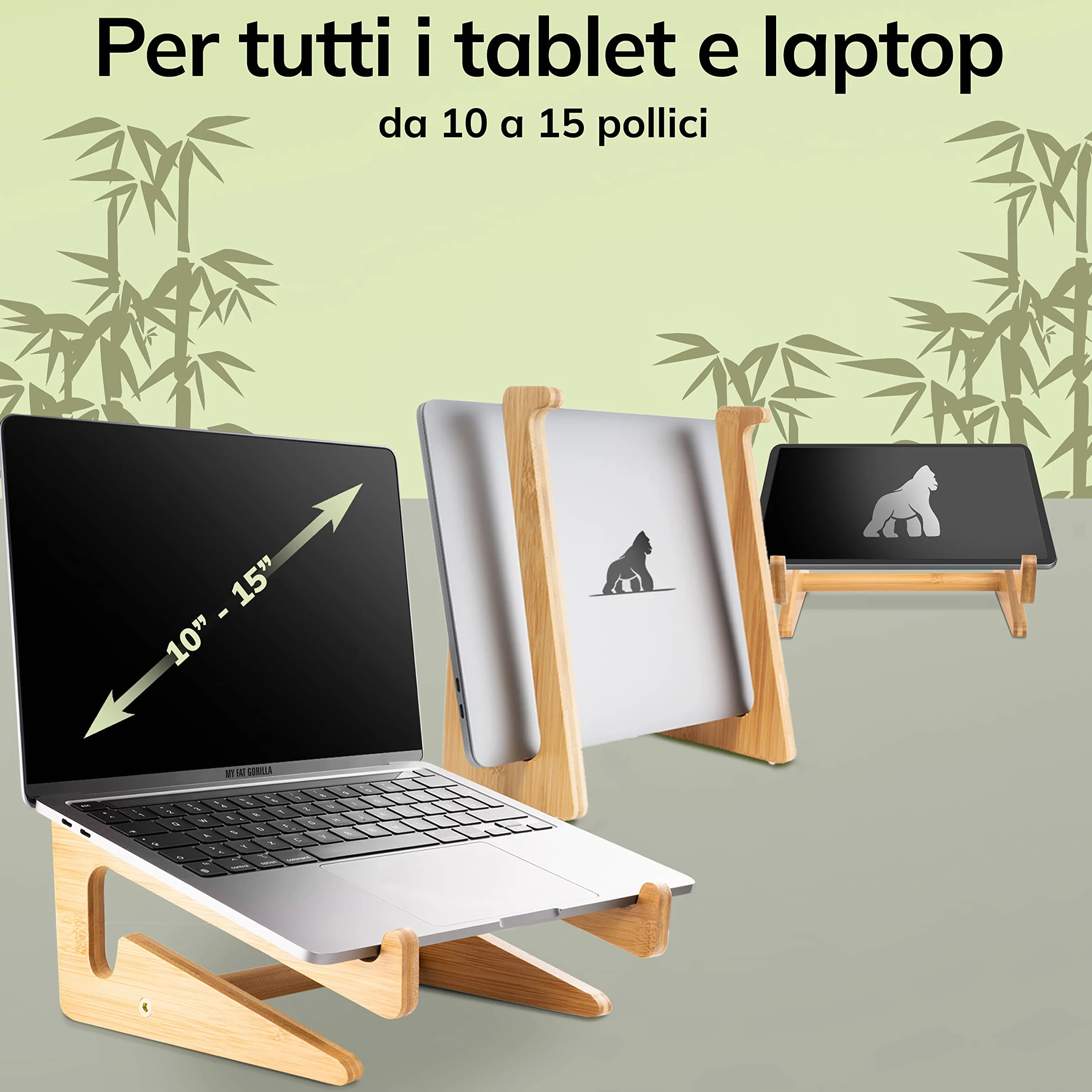 MY FAT GORILLA Supporto PC Portatile Legno Bambù – Rialzo PC Portatile per MacBook & Notebook – Supporto Laptop Scrivania – Alzata PC da Scrivania Bambù per 10-15 pollici