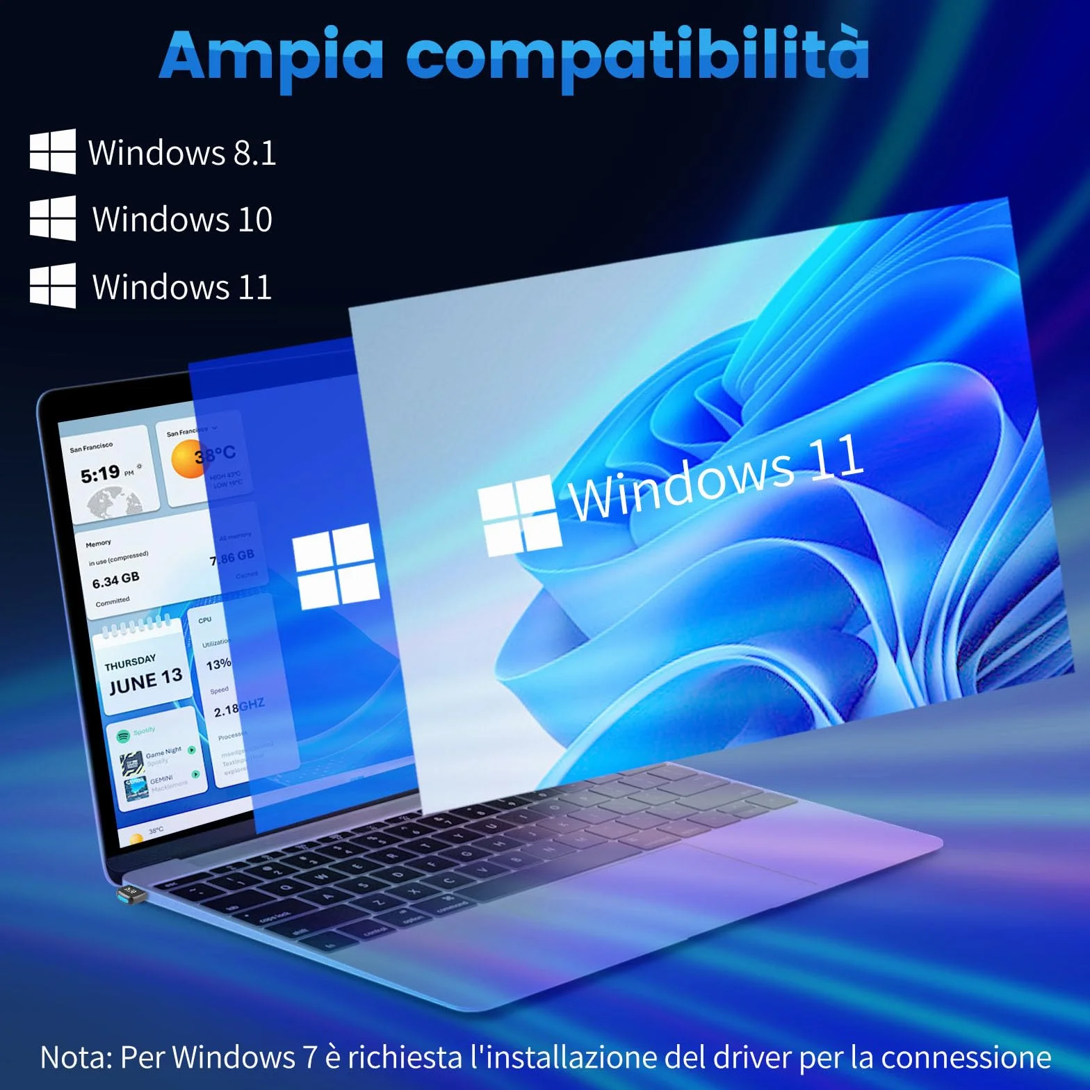 Adattatore Bluetooth 5.4 USB per PC, ricevitore Bluetooth Dongle a bassa latenza, Plug & Play, compatibile con Windows 7/8.1/10/11, computer desktop e laptop, mouse, tastiera, cuffie