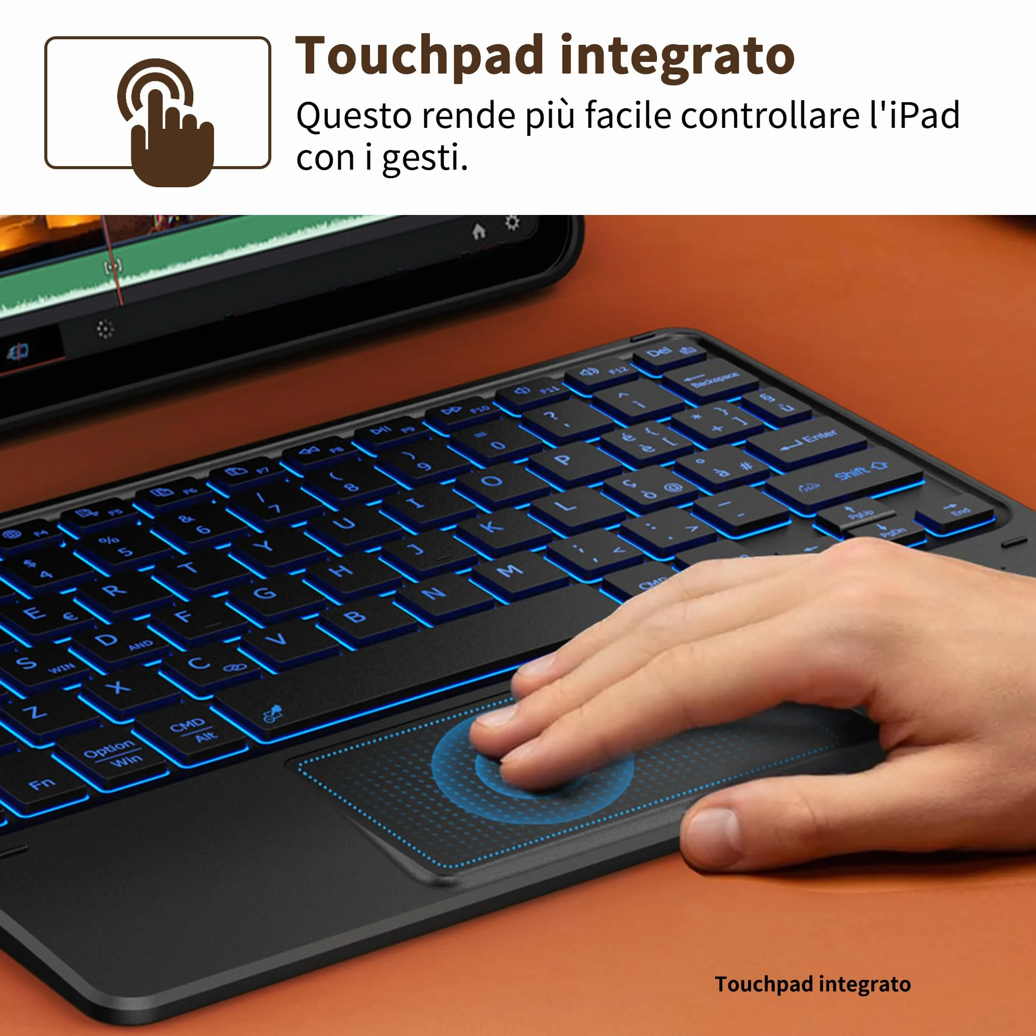 CACOE Tastiera Bluetooth Senza Fili Ultra Sottile con Multi Touch Integrato Touch Pad con Android IOS e Windows, 7 Colori Retroilluminate, Tastiera Senza Fili, Layout Italiano, Nera