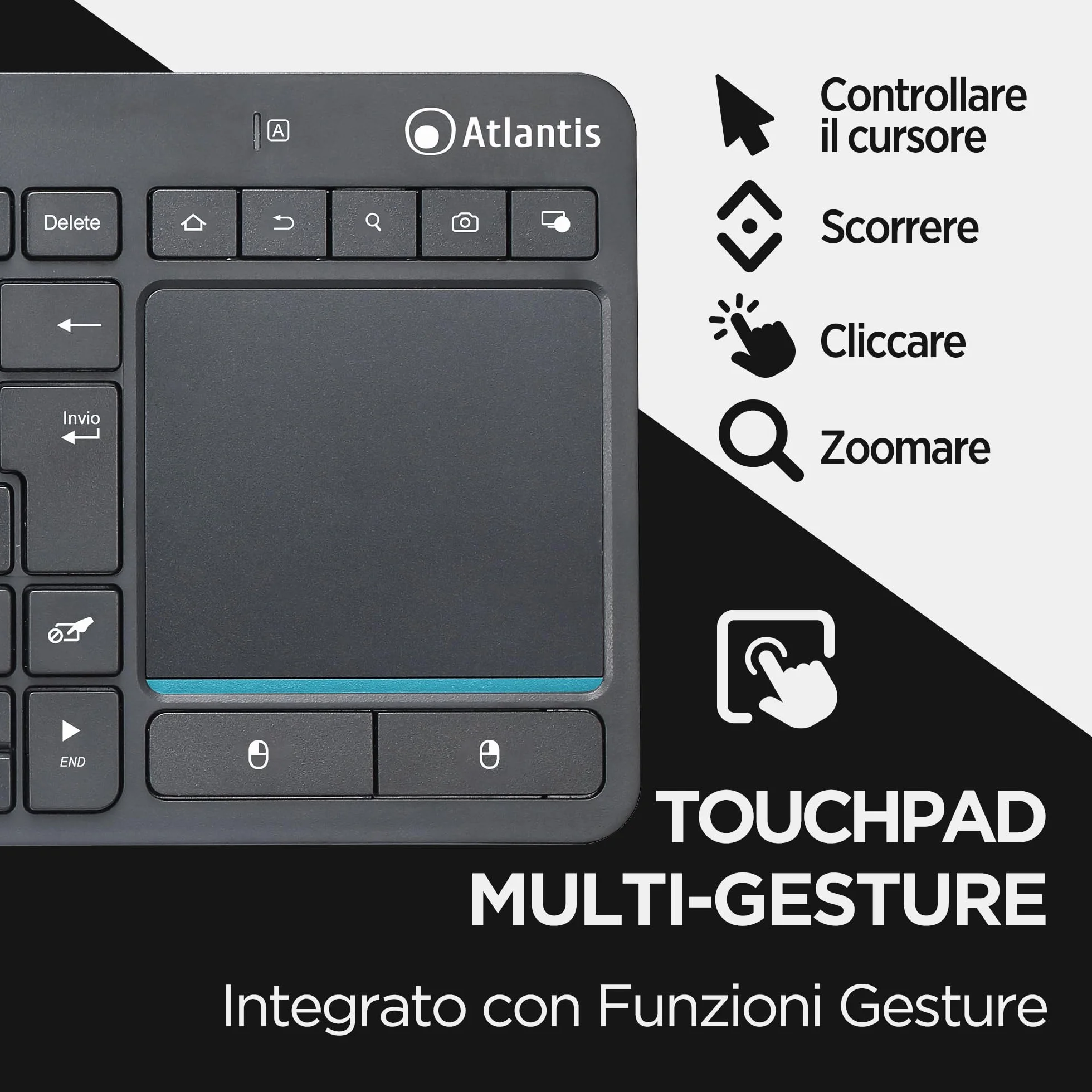 Atlantis Mini Tastiera con TouchPad multitouch integrato - Wireless senza fili RF + Bluetooth, QWERTY, Tasti funzione multimediali, per PC/Notebook/Smart TV/Smartphone/Tablet/iOS/Android - Nero