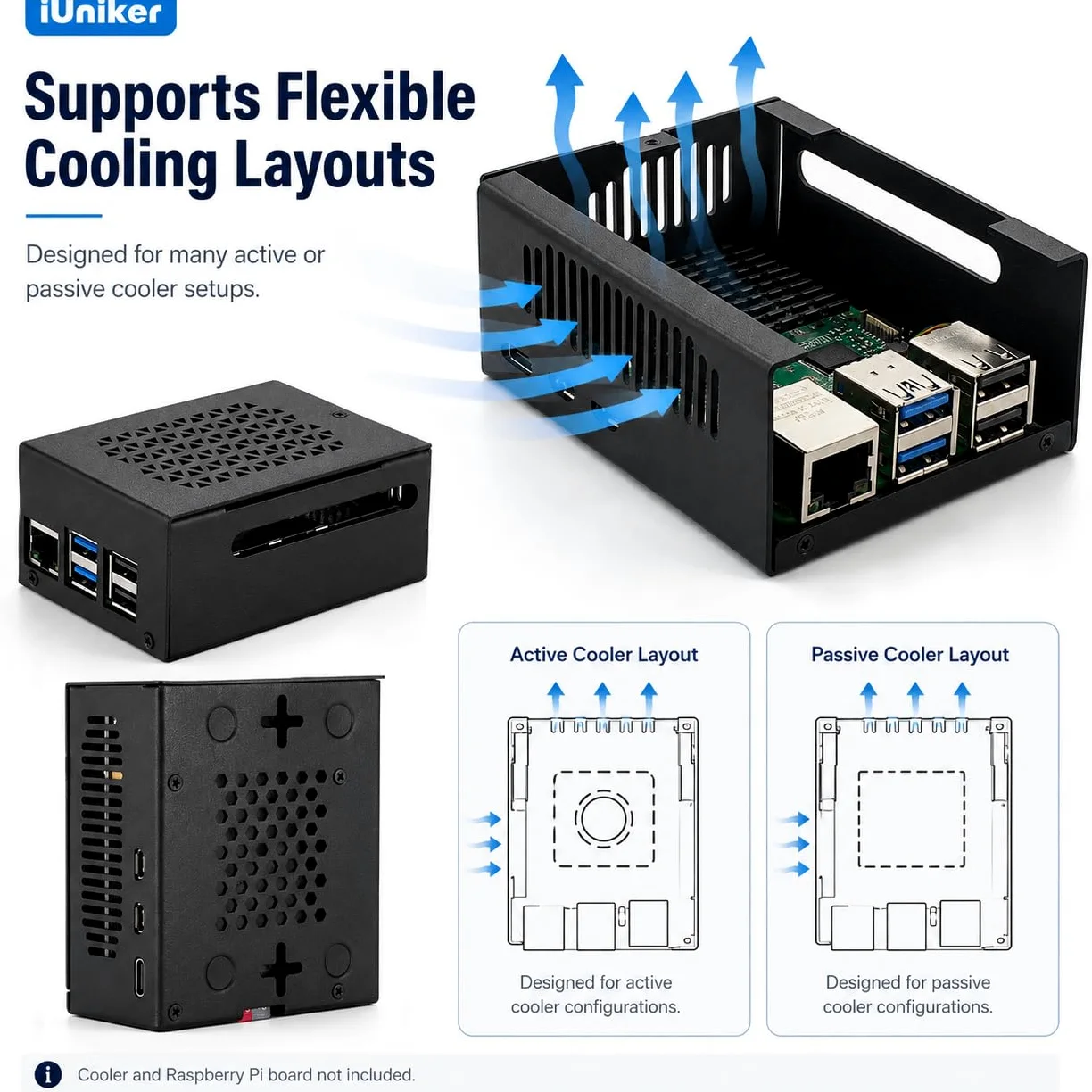Custodia in metallo per Raspberry Pi 5, supporto Pi 5 Active Cooler, spazio per cappelli, schede aggiuntive, refrigeratore e cappelli NVMe (nero)