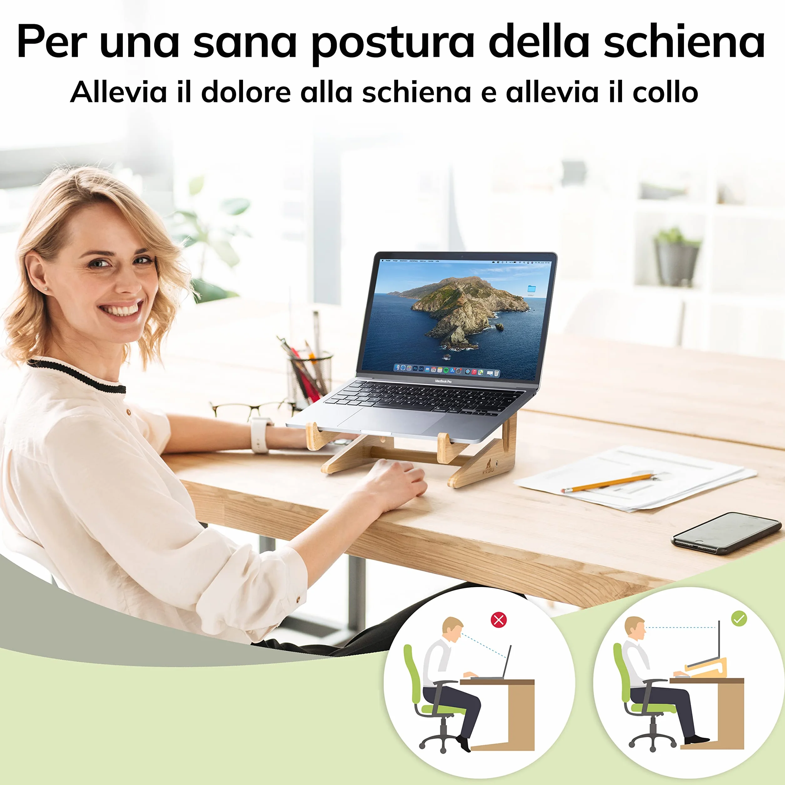 MY FAT GORILLA Supporto PC Portatile Legno Bambù – Rialzo PC Portatile per MacBook & Notebook – Supporto Laptop Scrivania – Alzata PC da Scrivania Bambù per 10-15 pollici