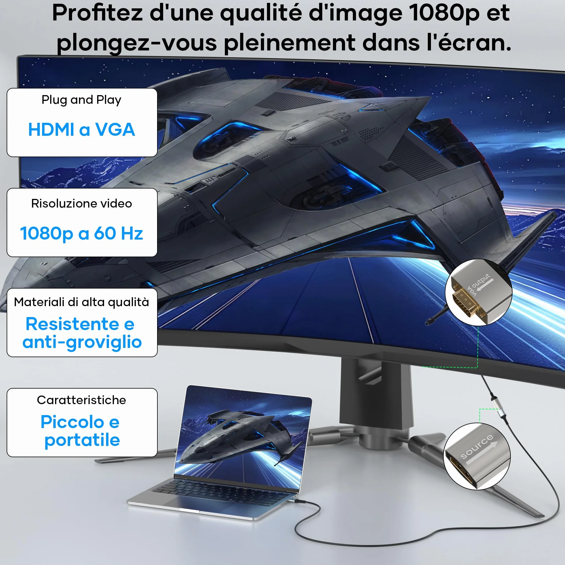 Adattatore HDMI a VGA,adattatore HDMI femmina a VGA maschio unidirezionale 1080p intrecciato in nylon per computer,monitor/TV vga per laptop,PC,chiavetta TV,HDTV,lettore DVD,monitor,proiettore