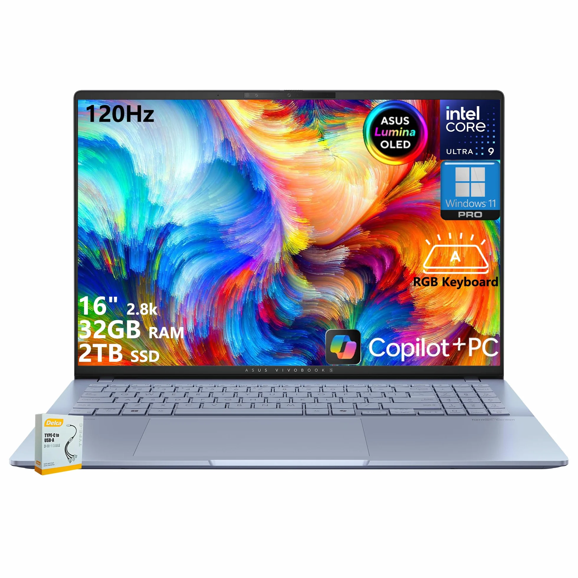 ASUS Vivobook S16 Copilot+ AI PC portatile 16" 2.8K OLED 120Hz Intel Core Ultra 9 285H 32GB RAM 2TB SSD Retroilluminazione RGB Win11 Pro