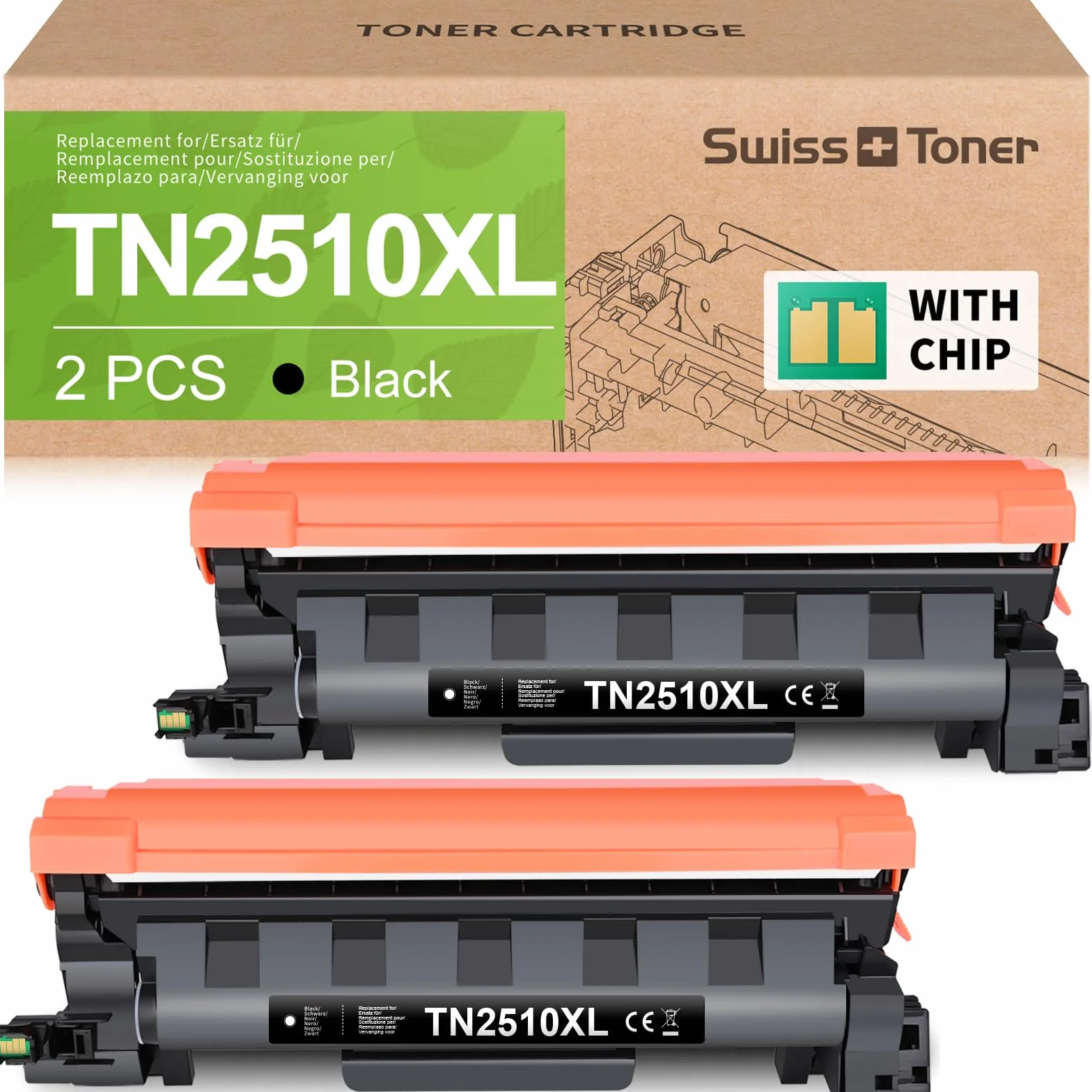 swiss toner TN2510XL compatibile per TN2510XL TN-2510XL per Toner Brother MFC-L2800DW per Toner Brother MFC-L2827DW HL-L2400DWE HL-L2445DW MFC-L2835DW DCP-L2620DW DCP-L2665DW,2 nero