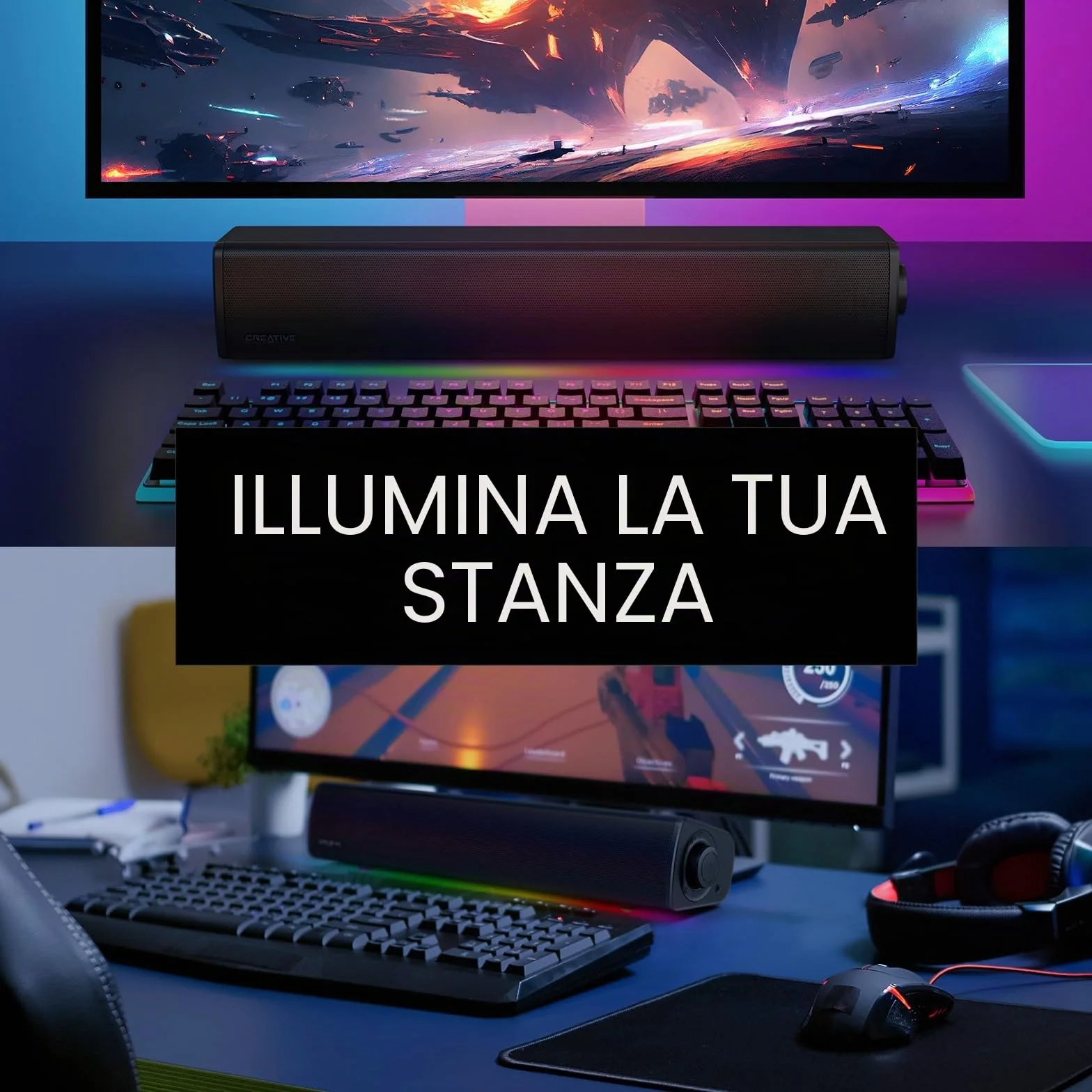 Soundbar compatta da gaming Sound Blaster GS3 con RGB e tecnologia SuperWide, alimentata tramite USB, Bluetooth 5.4, porta di uscita cuffie