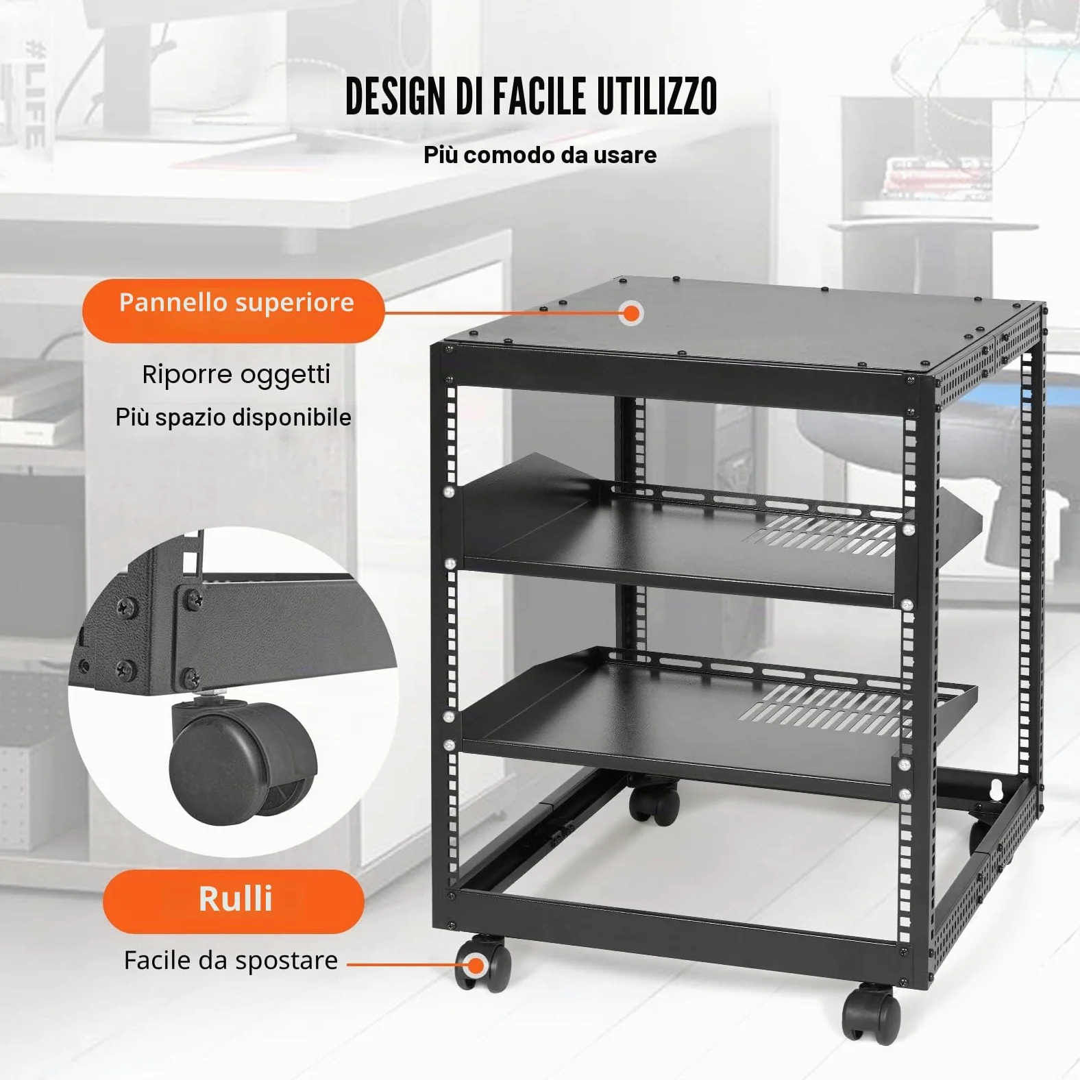 VEVOR Server Rack a Telaio Aperto 12U, Profondità Regolabile da 15''-40'', Server di Rete Rack da Autoportante o con Montaggio a Parete, Rack AV a 4 Posti con Ruote