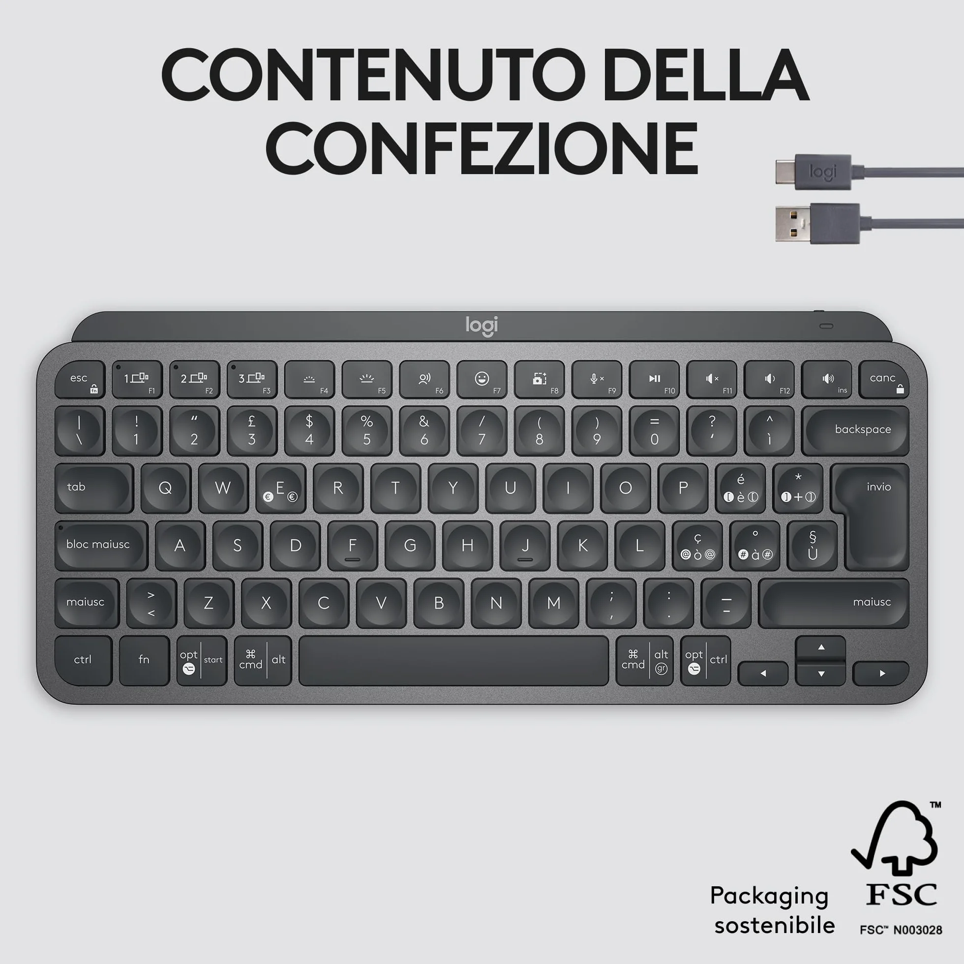 Logitech MX Keys Mini Tastiera Illuminata Wireless, Minimal, Compatta, Bluetooth, Retroilluminata, USB-C, Compatibile con Apple macOS, iOS, Windows, Linux, Android, in Metallo, ITA QWERTY - Grafite
