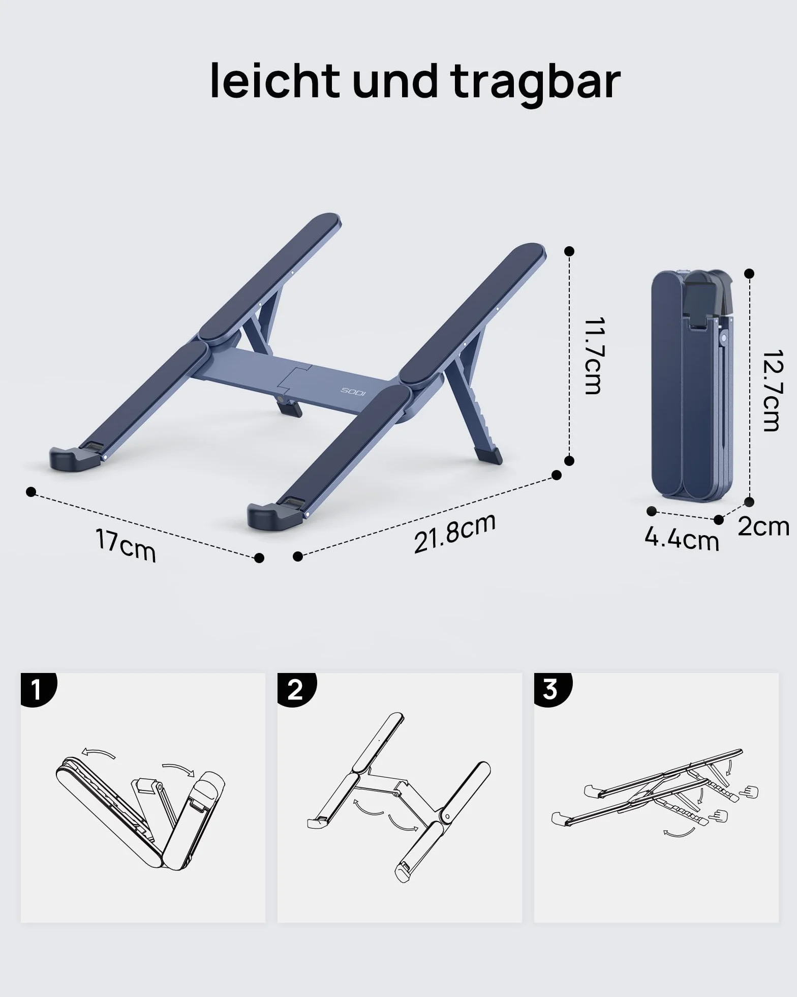 SODI Supporto pieghevole in alluminio per computer portatile, regolabile in altezza, ventilato, per MacBook Pro/Air, HP, Sony, Dell, tutti i laptop da 10 a 16 pollici,Blau