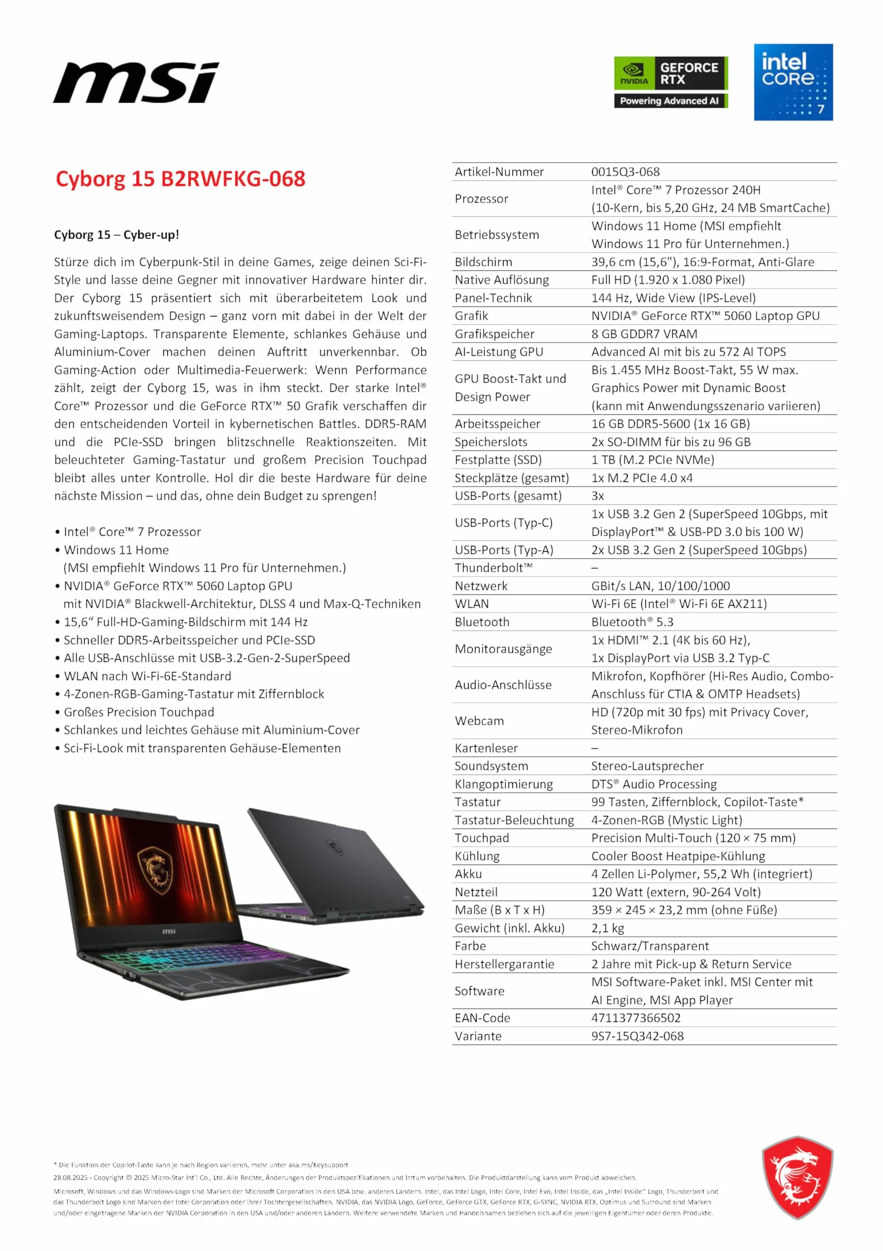 MSI Cyborg 15, laptop da gaming, 15,6 pollici Full HD 144 Hz, Intel Core i7 1240H, NVIDIA GeForce RTX 5060, 16 GB DDR5, 1 TB SSD, Windows 11 Home, tastiera QWERTZ, nero, B2RWFKG-068