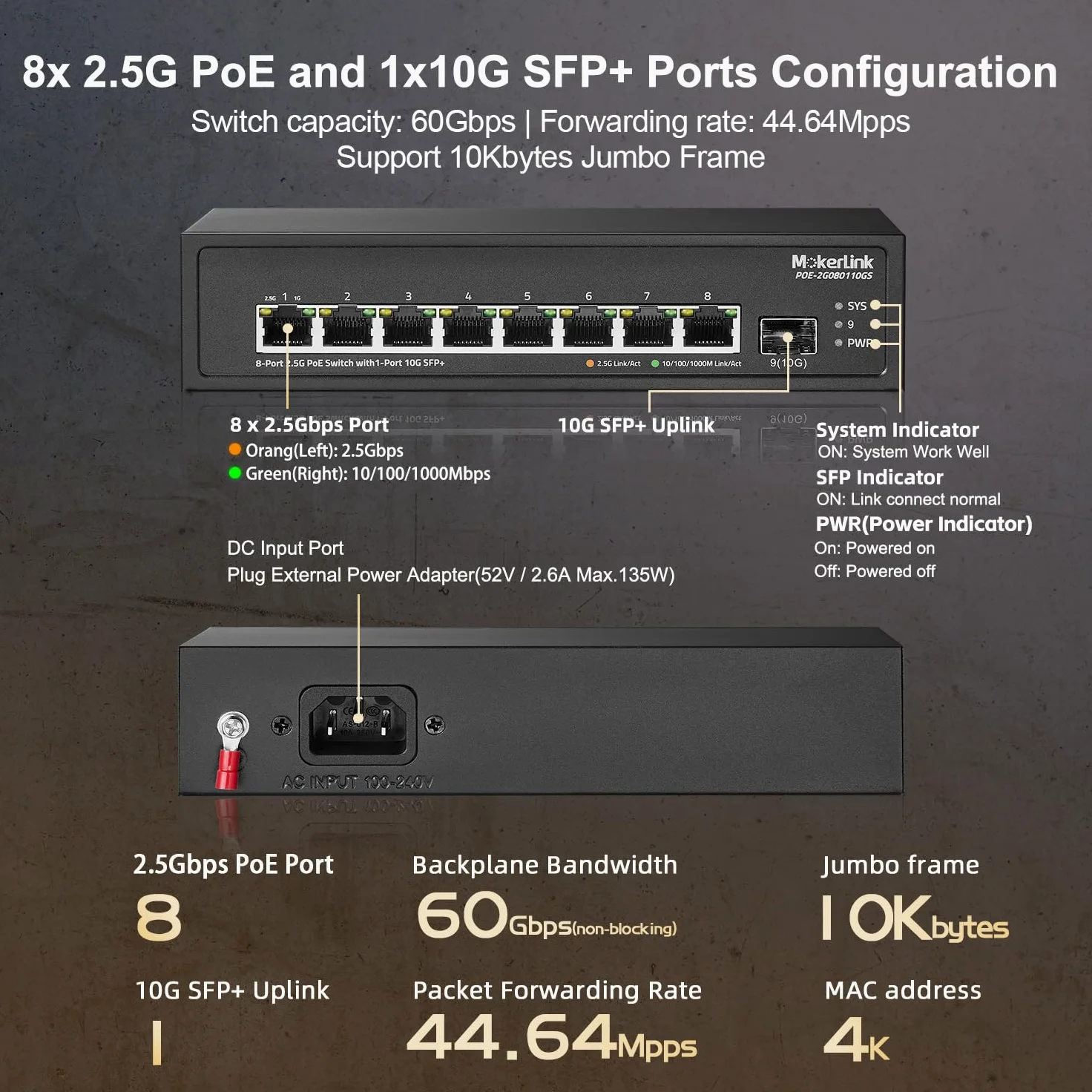 MokerLink Switch PoE a 8 porte 2,5 G con slot SFP+ 10 G, 8 porte Base-T da 2,5 G, compatibile con 10/100/1000 Mbps, IEEE8023af/at PoE 120 W, Metal Ungested Fanless Small Network Switch