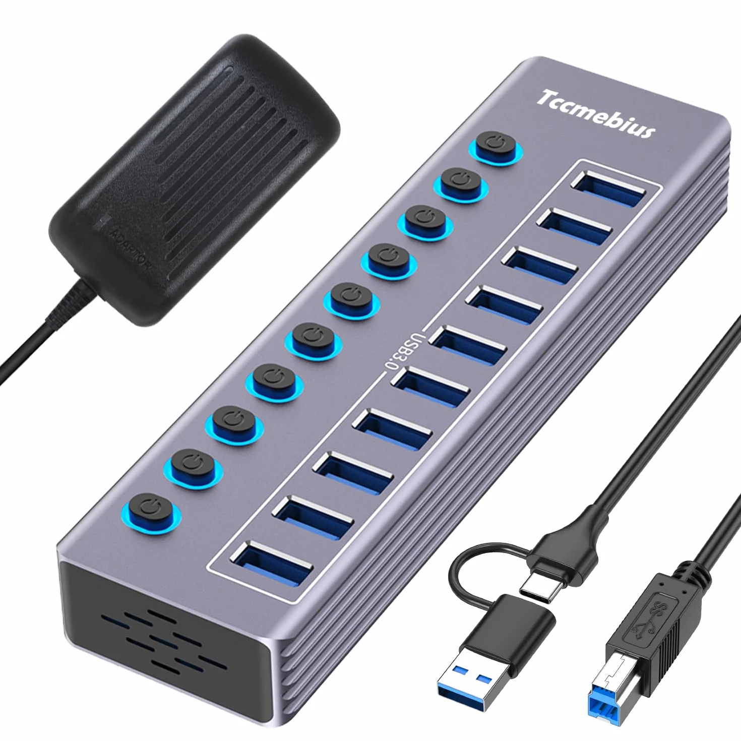 Hub USB 3.0 Alimentato, USB 3.0 / USB C a 10 Porte in Alluminio Trasmissione Dati 5Gbps, con Interruttore Indipendente LED, Adattatore di Alimentazione 12V/3A, 2-in-1 Cavo Dati(TCC-T310U)