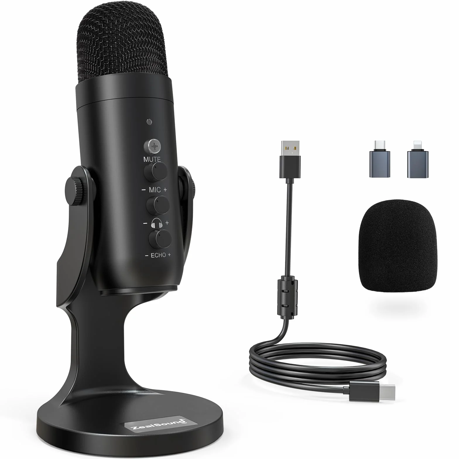 zealsound Microfono PC, Microfono a Condensatore per Phone Pad Computer, Laptop, Telefono, Muto, Echo, Riduzione del rumore, Cardioide Mic per Streaming, ASMR, Gaming, Podcast, YouTube, Twitch, nero