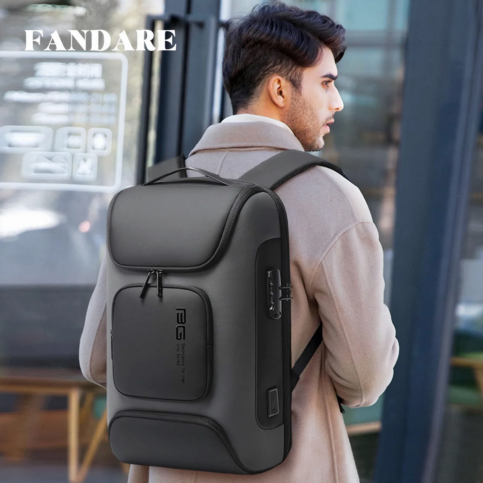FANDARE Antifurto Zaino Ufficio Uomo Porta PC e USB - Borsa Impermeabile per Business Viaggio Lavoro Scuola - Grigio
