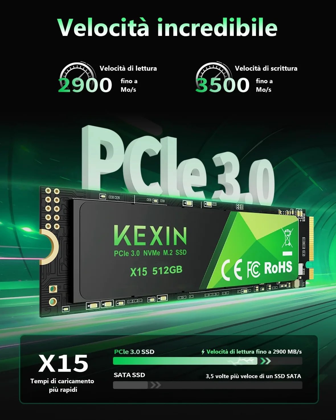 KEXIN 512GB Interno SSD Fino a 3400MB/s M.2 PCLe 3.0 NVMe SSD Internal Solid State Drive