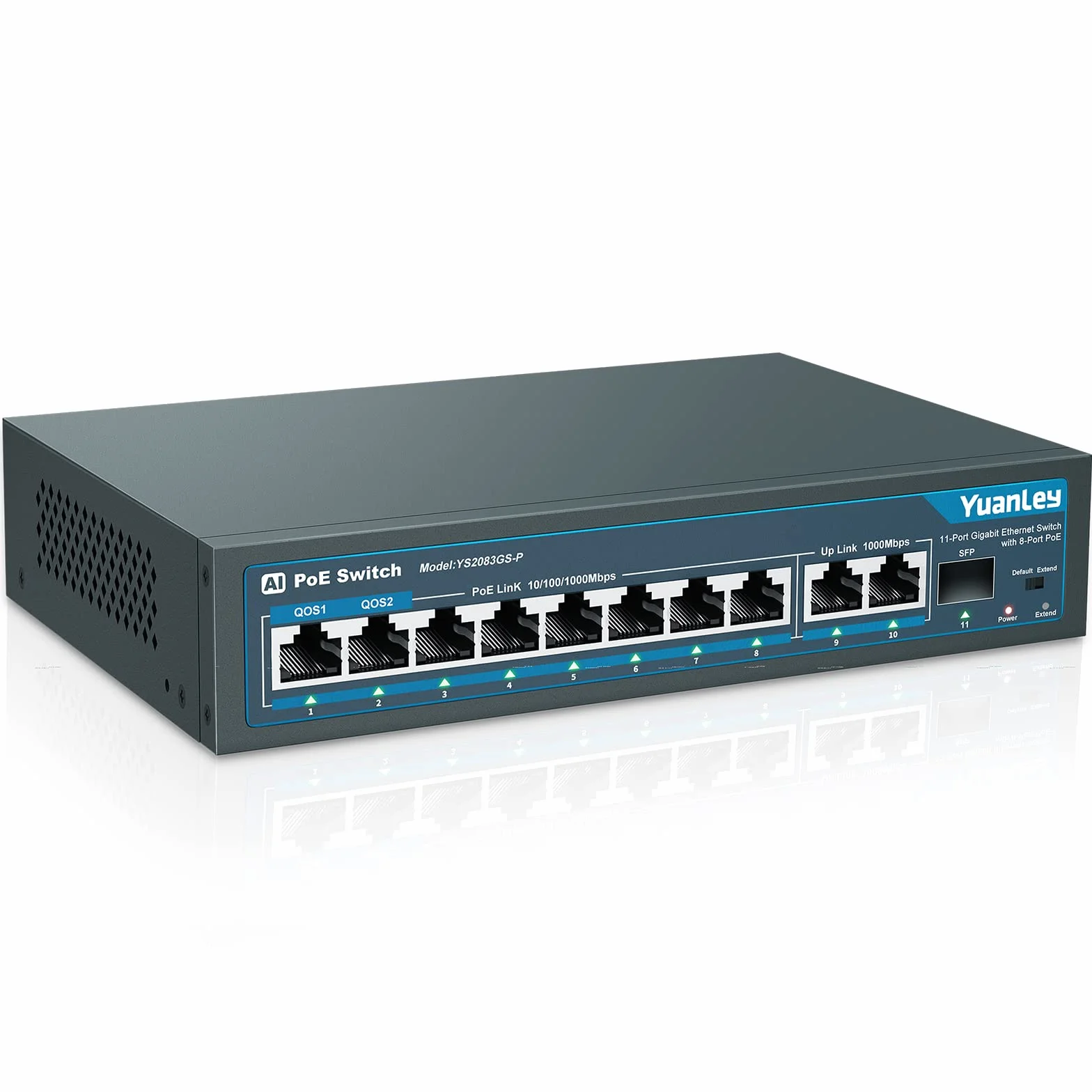 YuanLey 11 Porte Switch Gigabit Poe, 8 Porte Poe+ 1000 Mbps, 2 Gigabit Uplink, 1 Porta SFP, 120W 802.3af/at, Metal, Qos, Switch Ethernet Non gestito Plug And Play AI Smart Detection