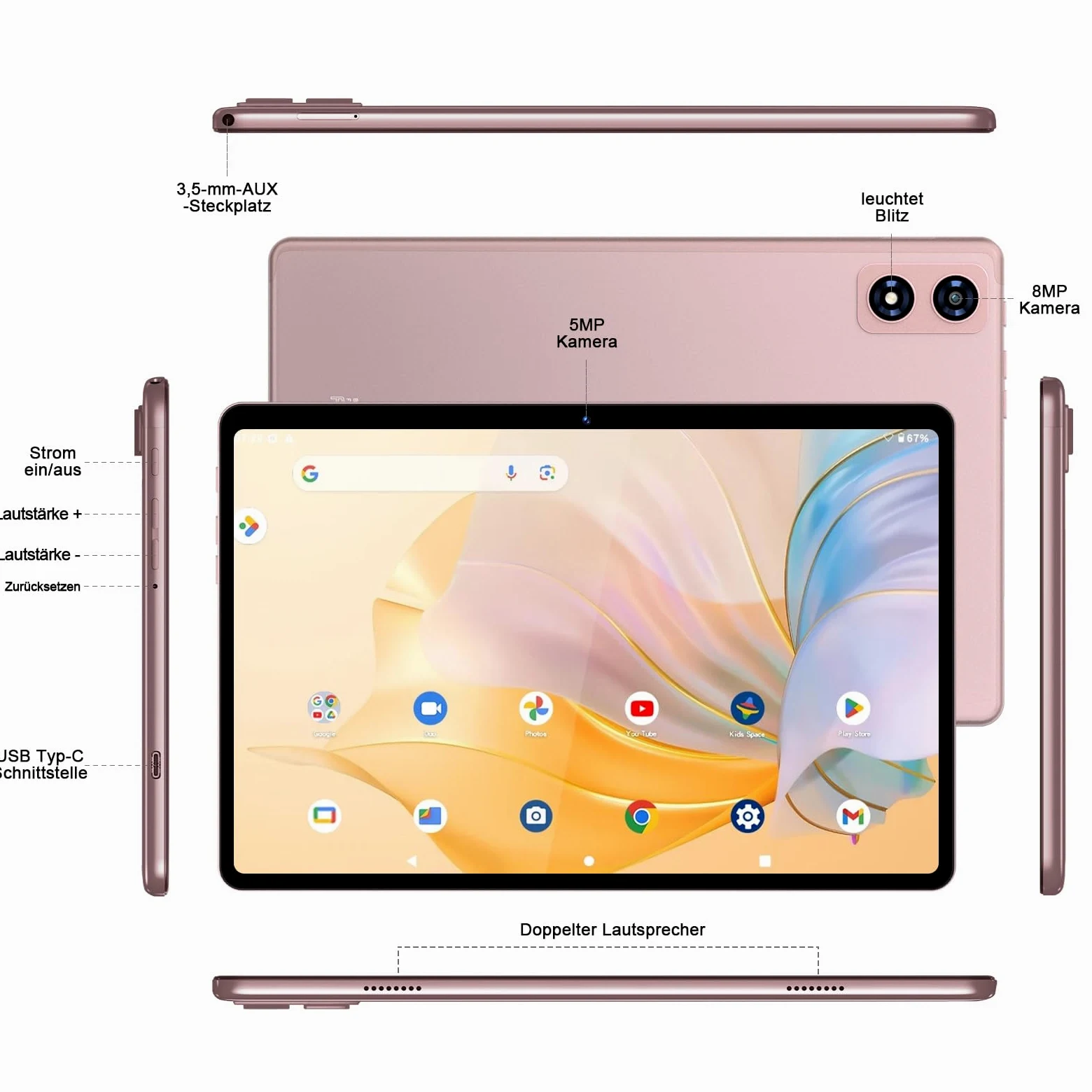 Tablet Android 10 pollici, 22 GB RAM + 128 GB ROM, Widevine L1, oro rosa | con tastiera mouse, 8000 mAh, Octa-Core, 5G WiFi, 1 TB di memoria estesa, 5MP+8MP