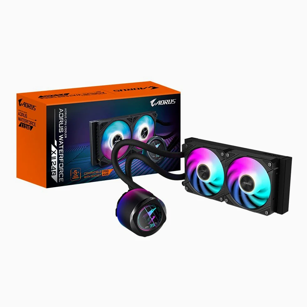 GIGABYTE AORUS WATERFORCE X II 240 Raffreddamento a liquido per CPU AIO - 2x ventole ARGB da 120 mm, LCD a colori, DAISY-CHAIN, compatibile con Intel LGA 1851 e AMD AM5