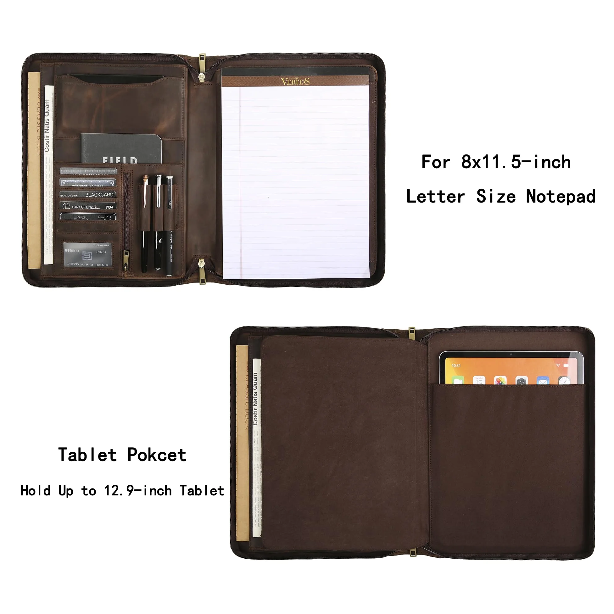 Portadocumenti fatto a mano in vera pelle per iPad/documenti, business padfolio con porta blocco note in pelle A4, cartella compatta in pelle per conferenze per uomini e donne, cachi scuro