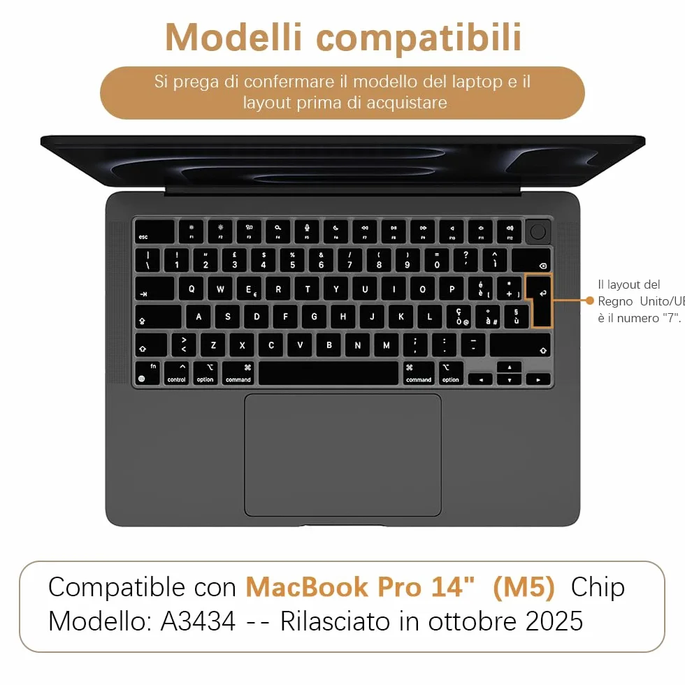 Protezione tastiera per MacBook Pro 14" (M5) 2025 con chip A3434 - Protezione tastiera - Accessorio (silicone nero italiano)