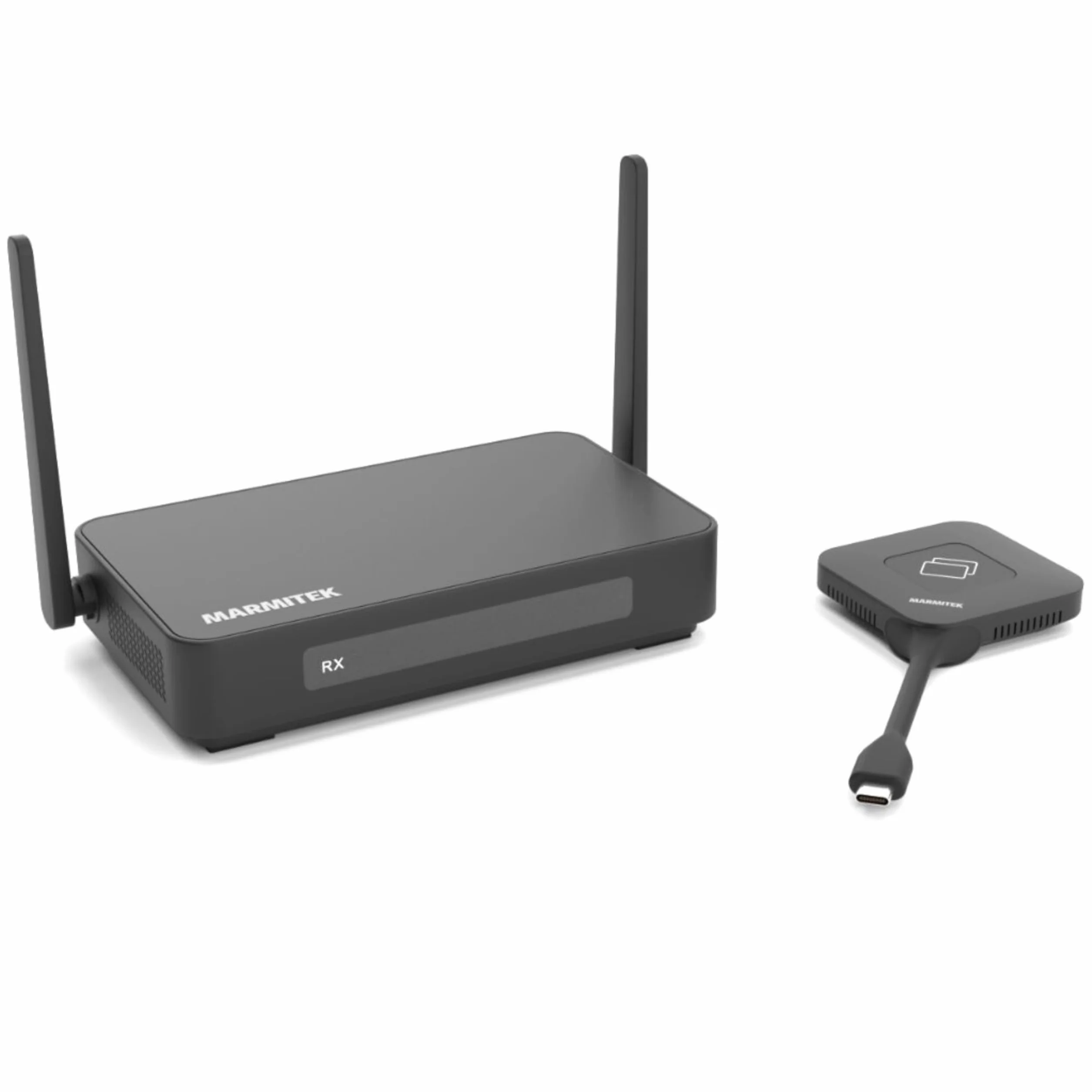 Sistema di presentazione HDMI 4K wireless Marmitek Stream 4K Pro KIT 1TX/1RX - Senza software né Wi-Fi - Dongle USB-C & ricevitore, split screen, touchback, PoE - Doppia HDMI - BYOD mirroring