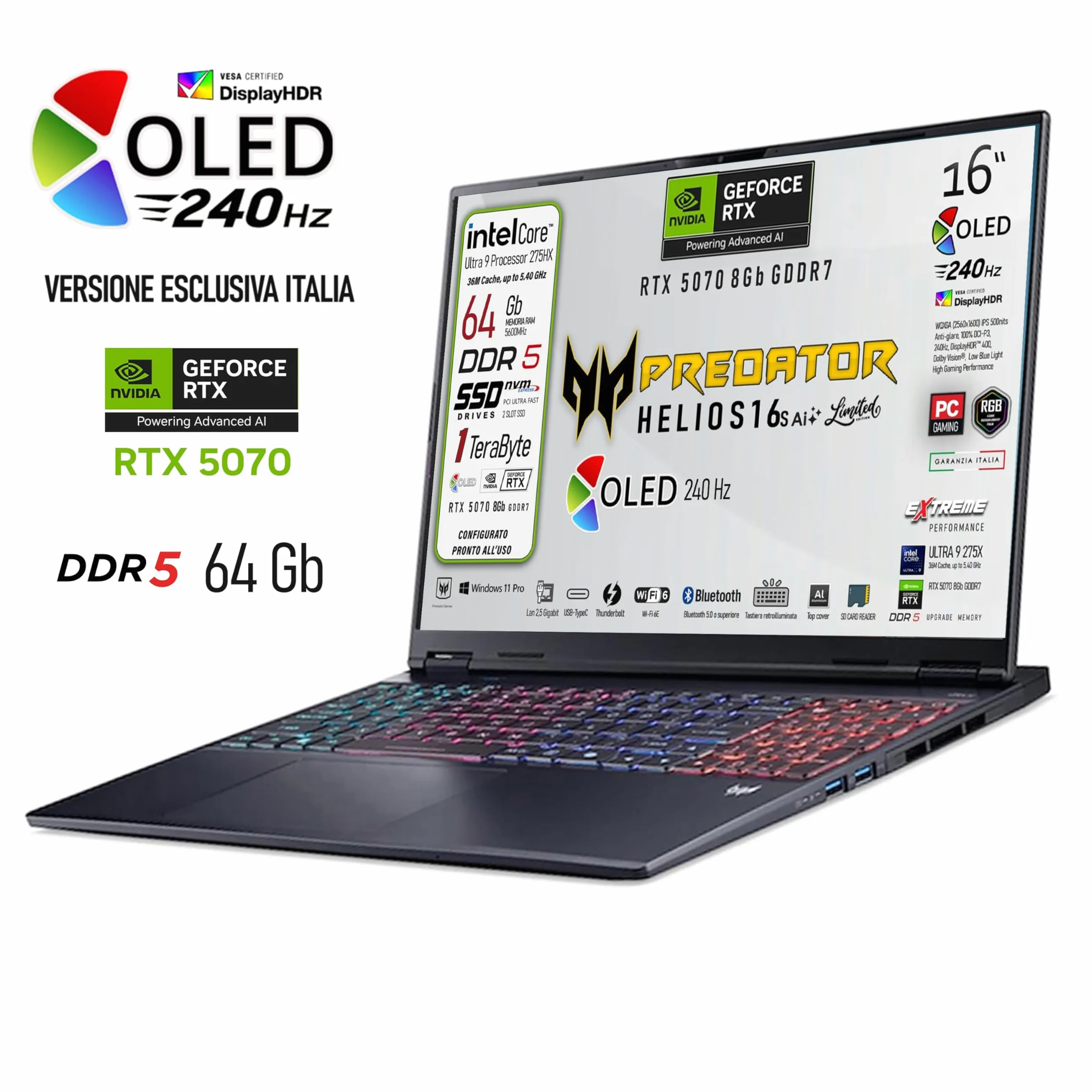 Acer Predator Helios Neo 16s Ai Notebook Gaming limited edition | Intel Ultra 9-275X 24core, RAM DDR5 64GB, SSD 1TB, Display 16" OLED 240Hz DCI-P3 100%, GeForce RTX 5070 8GB, Ready to Use